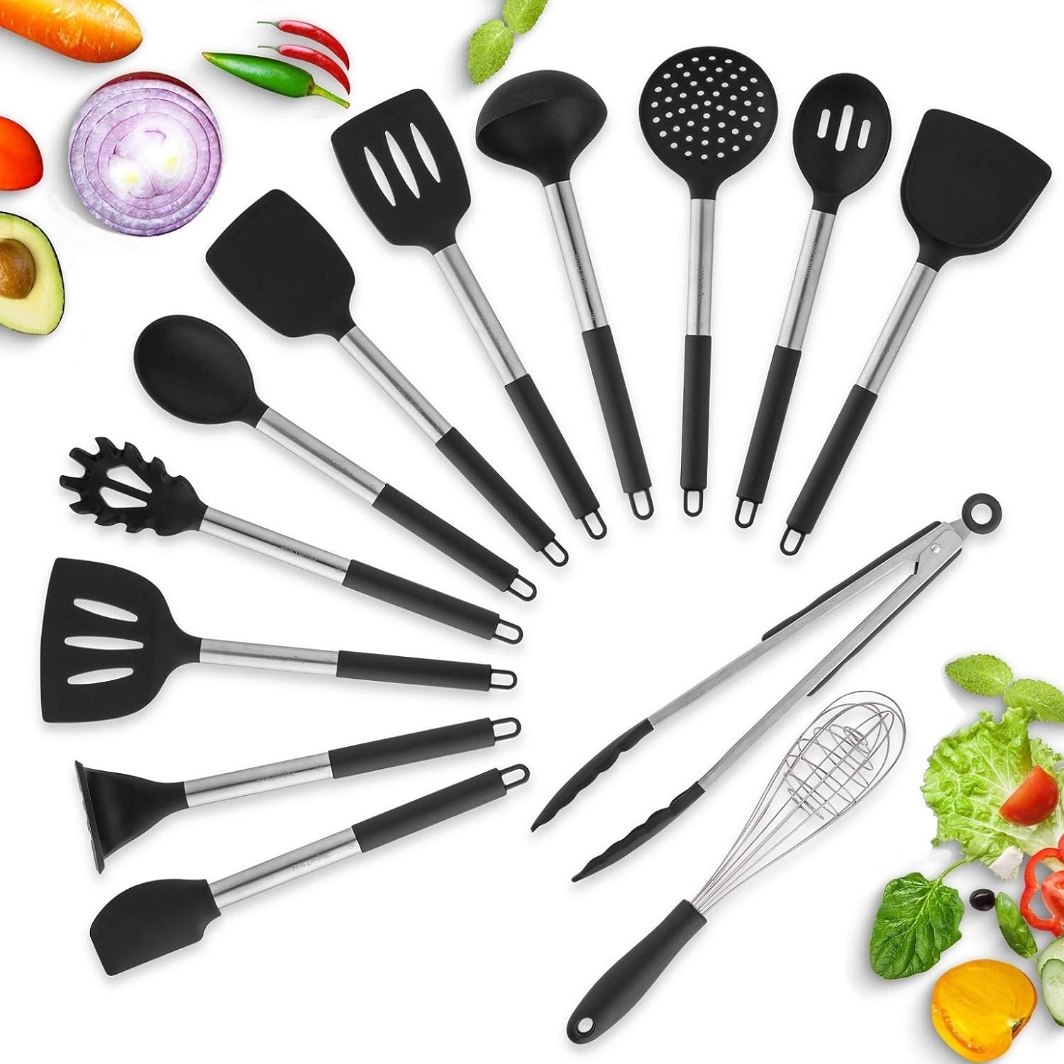 13 Silicone Cooking Utensils Set - Heat-Resistant Stainless Steel Kitchen Spatula Tools, Cookware Utensils Set Essentials, Professional Kitchenware Utensil Sets, New Home Kitchen Tool