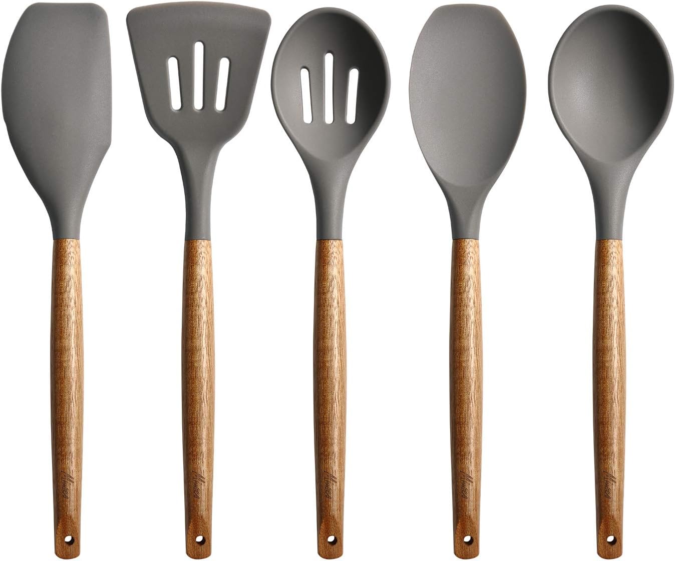 Miusco Non-Stick Silicone Kitchen Utensils Set with Natural Acacia Hard Wood Handle, 5 Pieces, Grey, BPA Free, Baking, Serving and Cooking Utensils