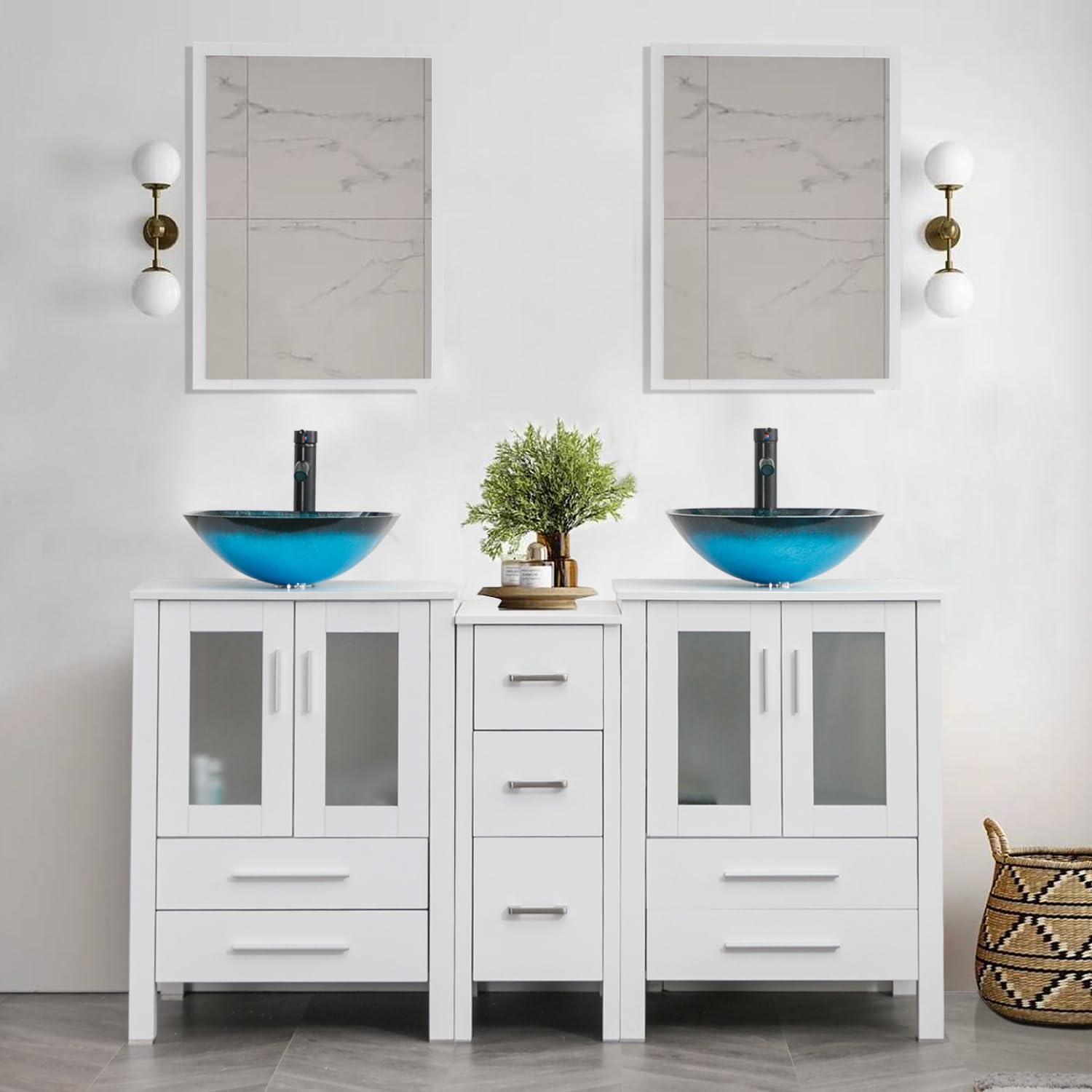 UEV 60 White Bathroom Vanity Set, Double Vanity with Double Vessel Sink Combo and Removable Side Cabinet (A10 Vessel Set)