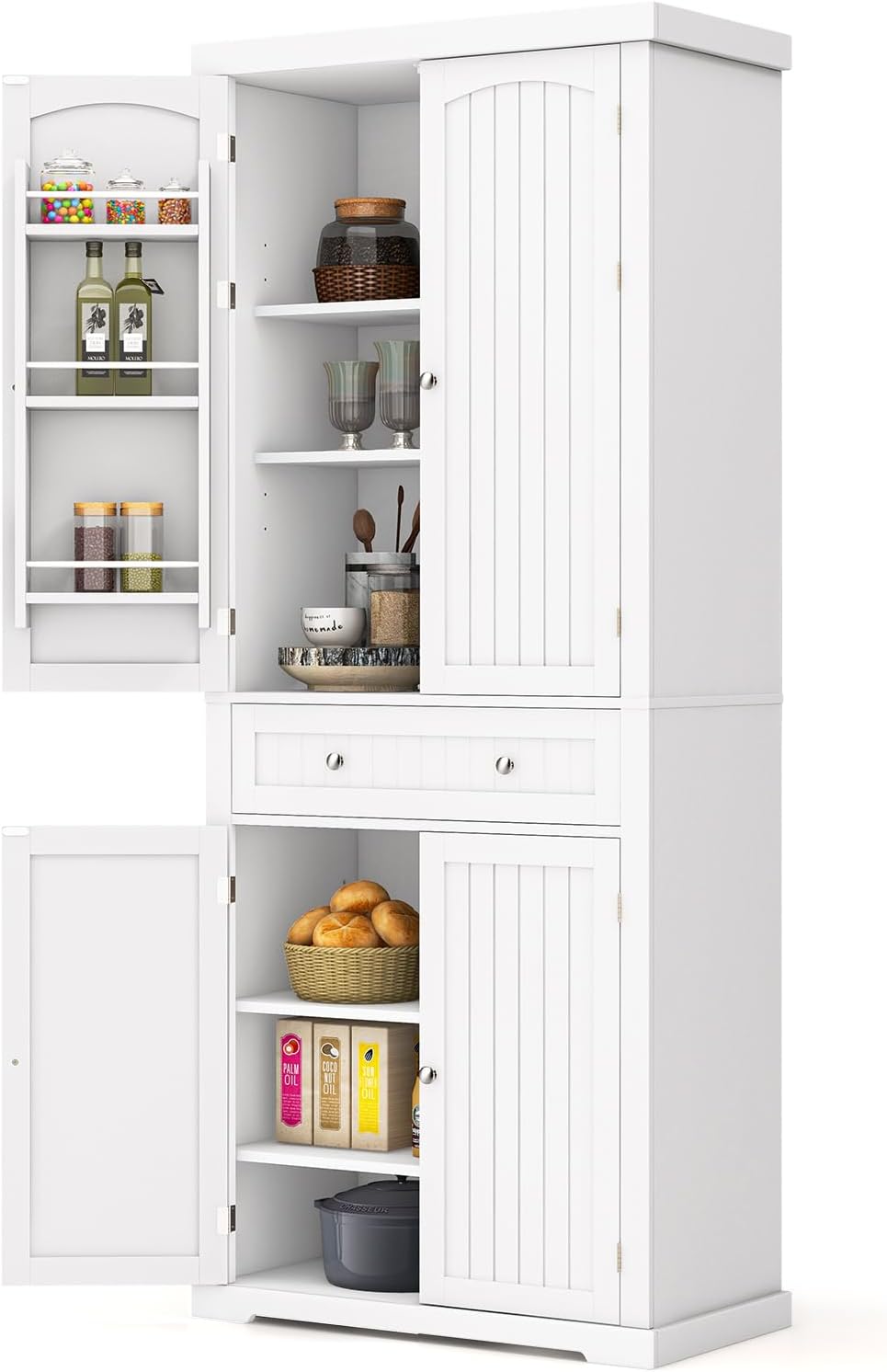 LOKO 72 Tall Kitchen Pantry Storage Cabinet, Freestanding Cupboard Cabinet w/ 4 Doors, 3-Position Adjustable Shelves, Multifunctional Storage Cabinet for Dining Room, Laundry, Living Room, White