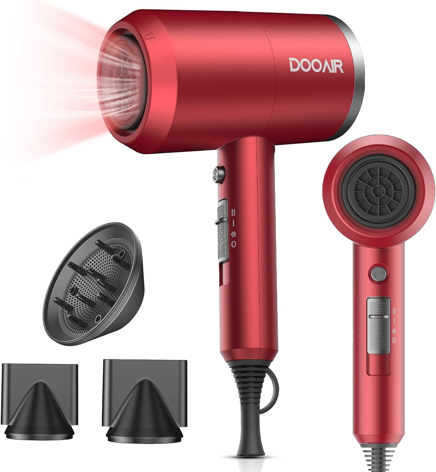 Ionic Hair Dryer, DOOAIR 1875W Blow Dryer with Diffuser and Concentrator, Professional Hair Dryer for Curly Hair, Negative Ion Technology, Constant Temperature Hair Care for Light and Quiet (Red)