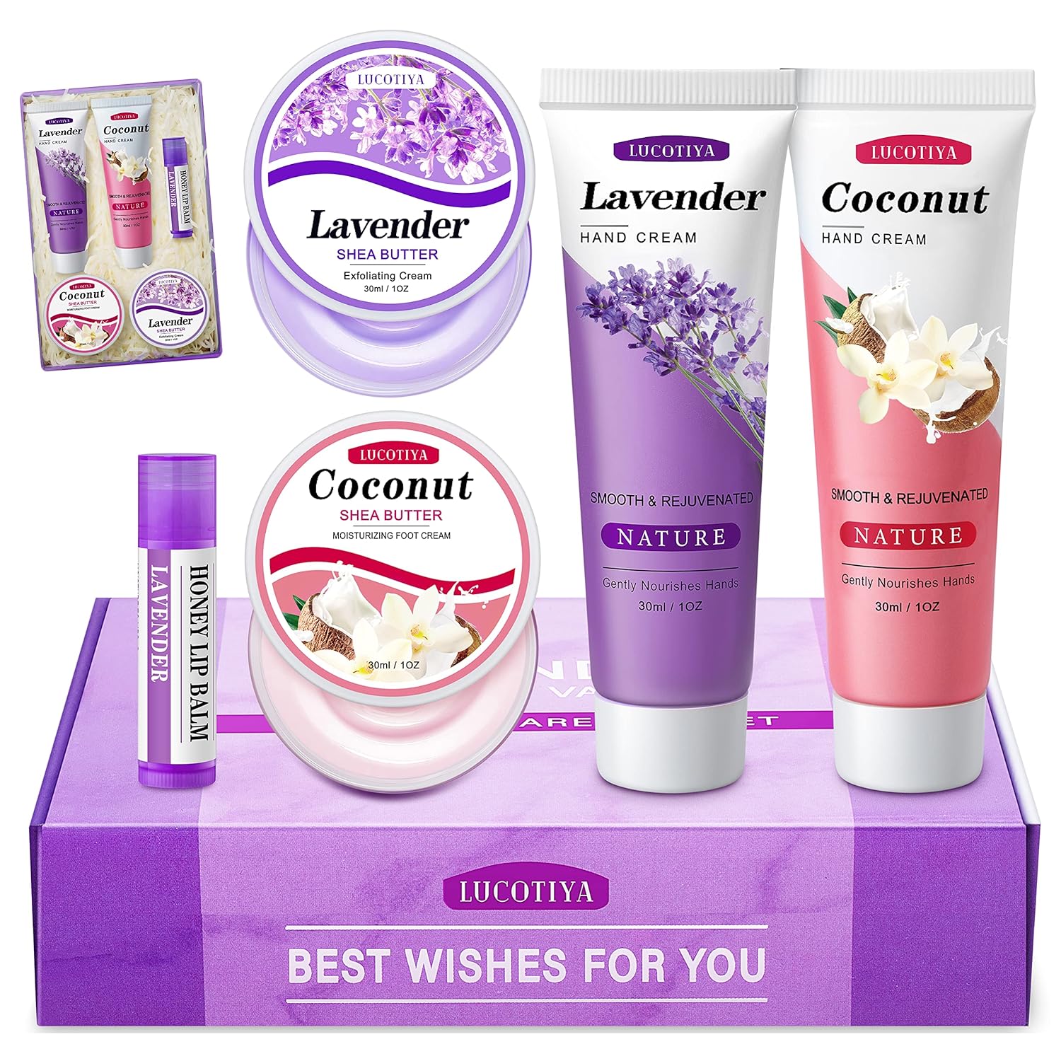 LUCOTIYA Gifts for Women, Hands Foot Lip Self Care Kits Gifts Sets, Lavender Coconut Vanilla Gifts for Women Birthday Valentine' Day