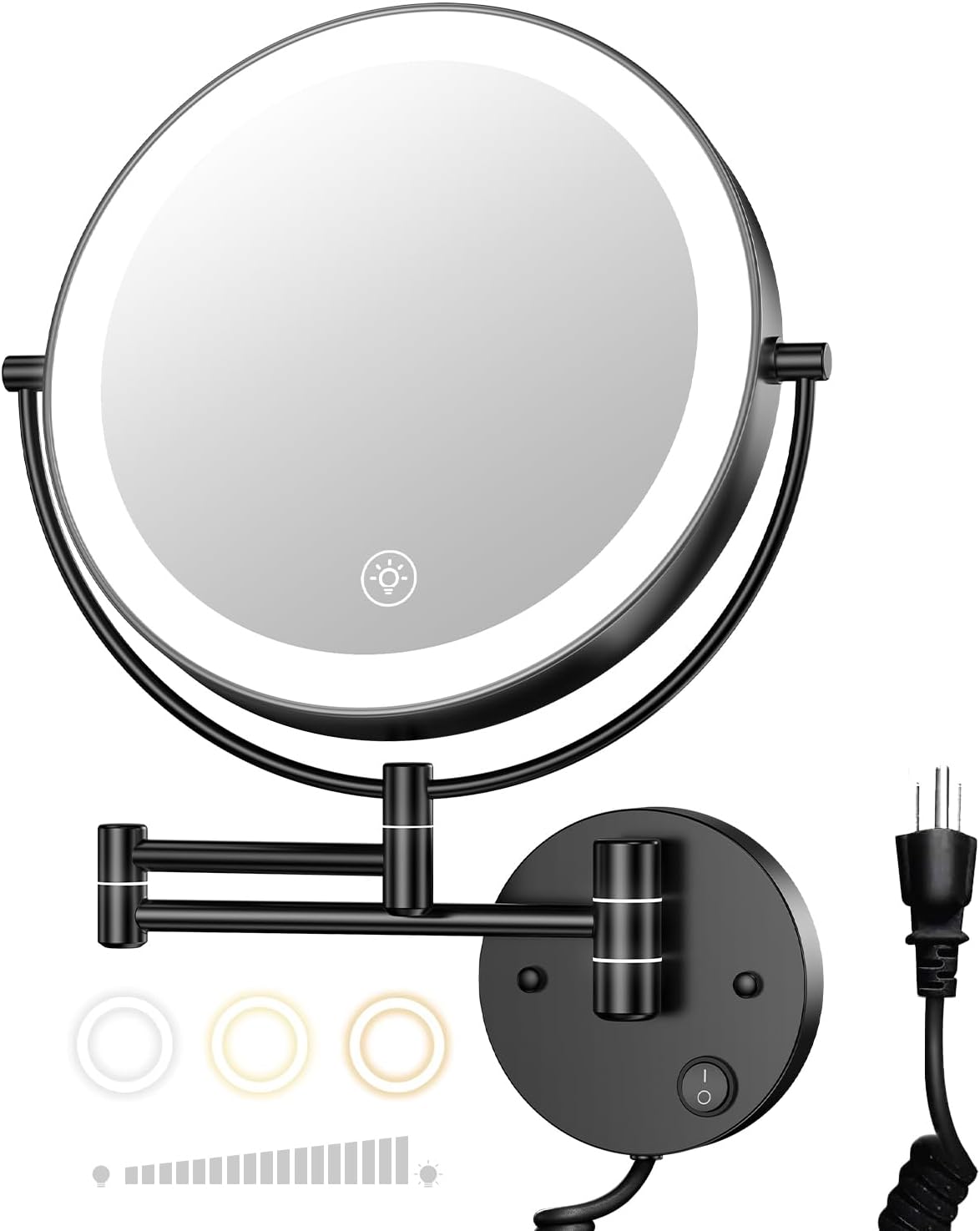 Gospire 9 Wall Mounted Lighted Makeup Vanity Mirror with 3 Color Lights & Stepless Dimming, 1X/10X Magnifying LED Double Sided Bathroom Touch Sensor Extendable Arm 360 Swivel Shaving Cosmetic Mirror