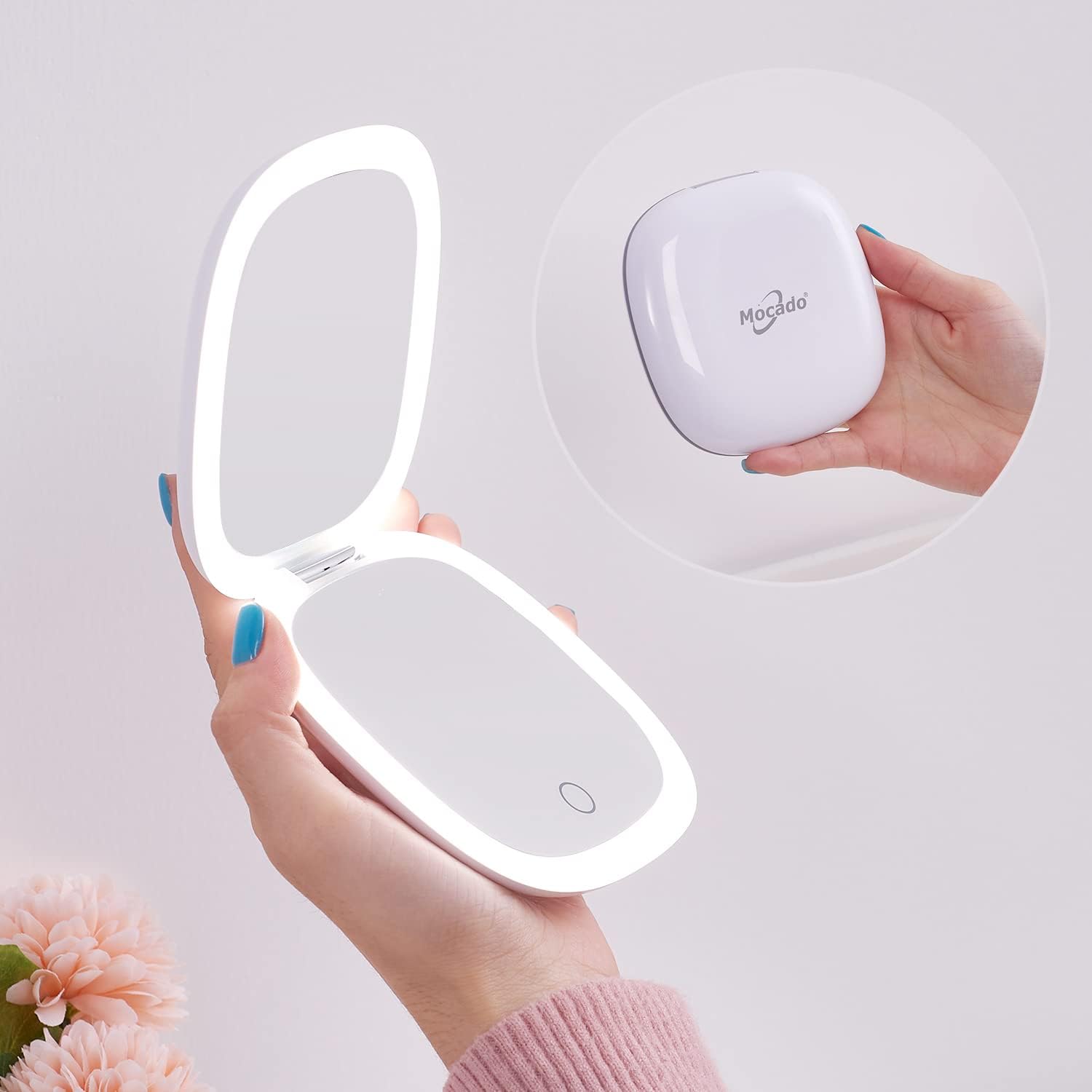 Compact LED Magnifying Travel Makeup-Mirror - 4 inches 1X/10X Magnification Small Hand Pocket Dimmable Double Sided USB Rechargeable Touch Screen, Portable Tabletop Cosmetic (White)