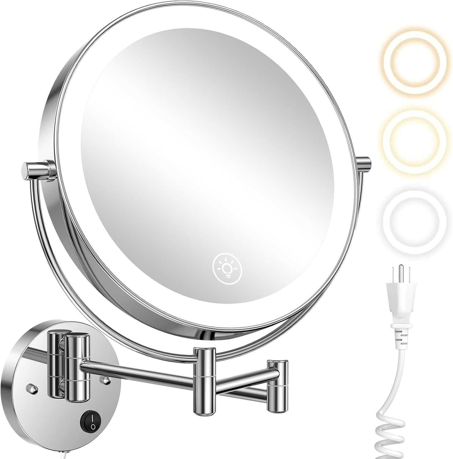 Wall Mounted Lighted Makeup Mirror - 9 Inch Large Double Sided 1X/10X Magnifying LED Vanity Mirror with 3 Color Lights & Stepless Dimming - 360Swivel Extendable Bathroom Touch Sensor Cosmetic Mirror