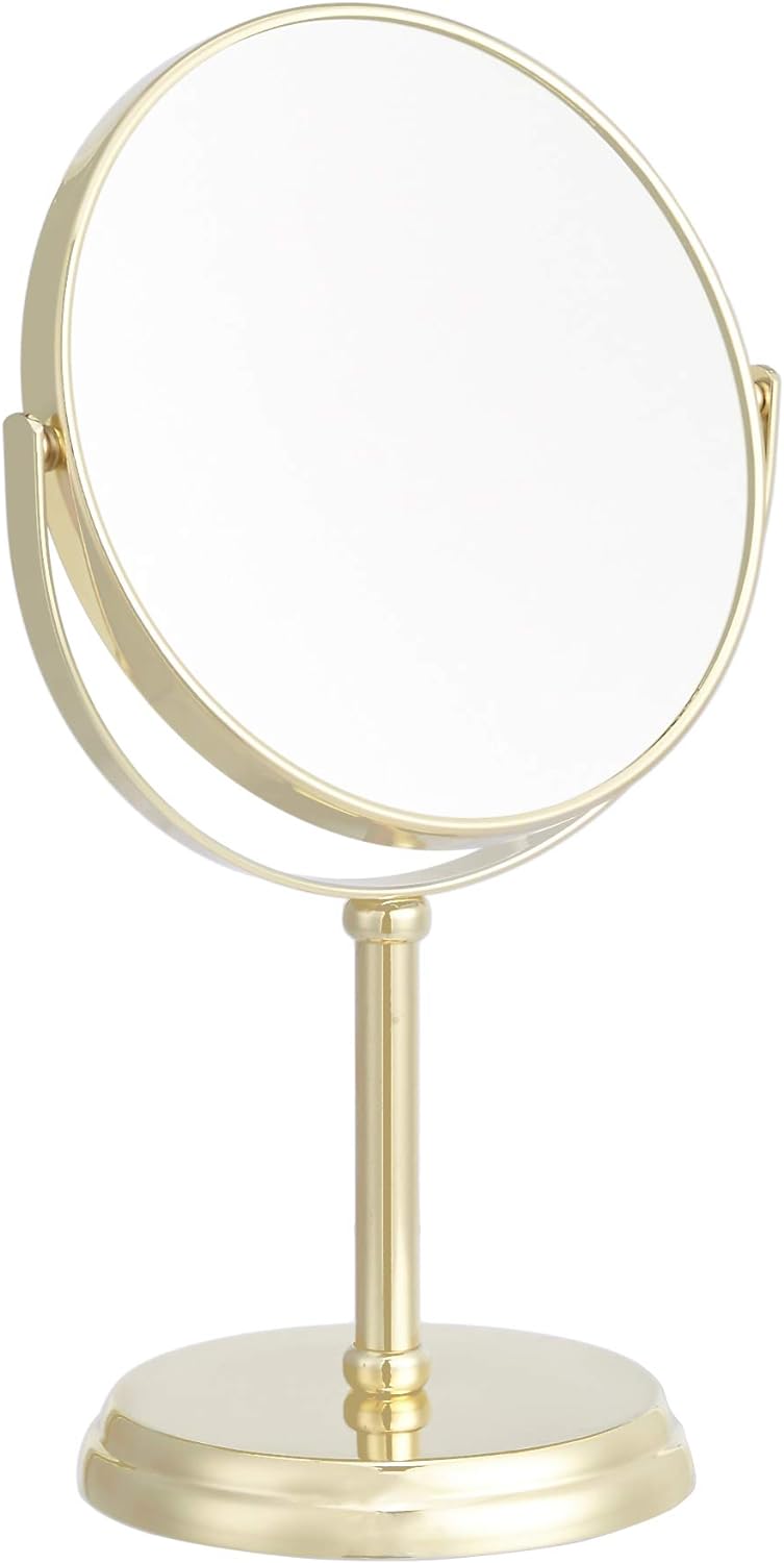 Amazon Basics Tabletop Mount Vanity Round Mirror, 1X/5X Magnification, Gold, 7.2 inches x 4.92 inches