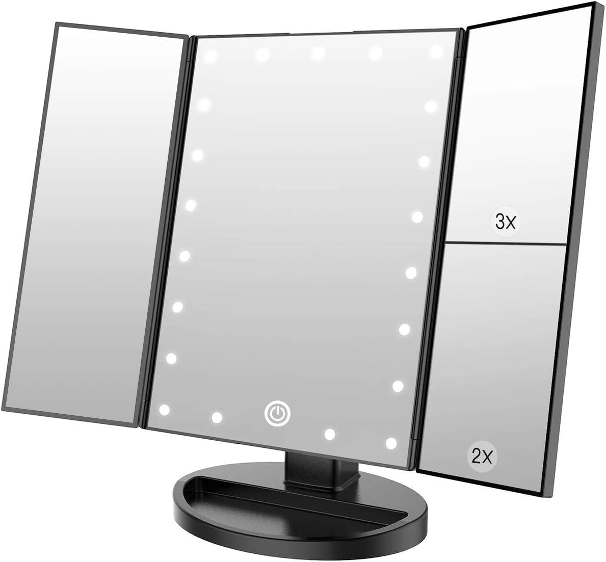 WEILY Lighted Vanity Makeup Mirror 1x/2x/3x Magnification Trifold with 21 LED Lights Touch Screen and USB Charging, 180 Degree Adjustable Stand for Countertop Cosmetic Makeup Mirror(Black)