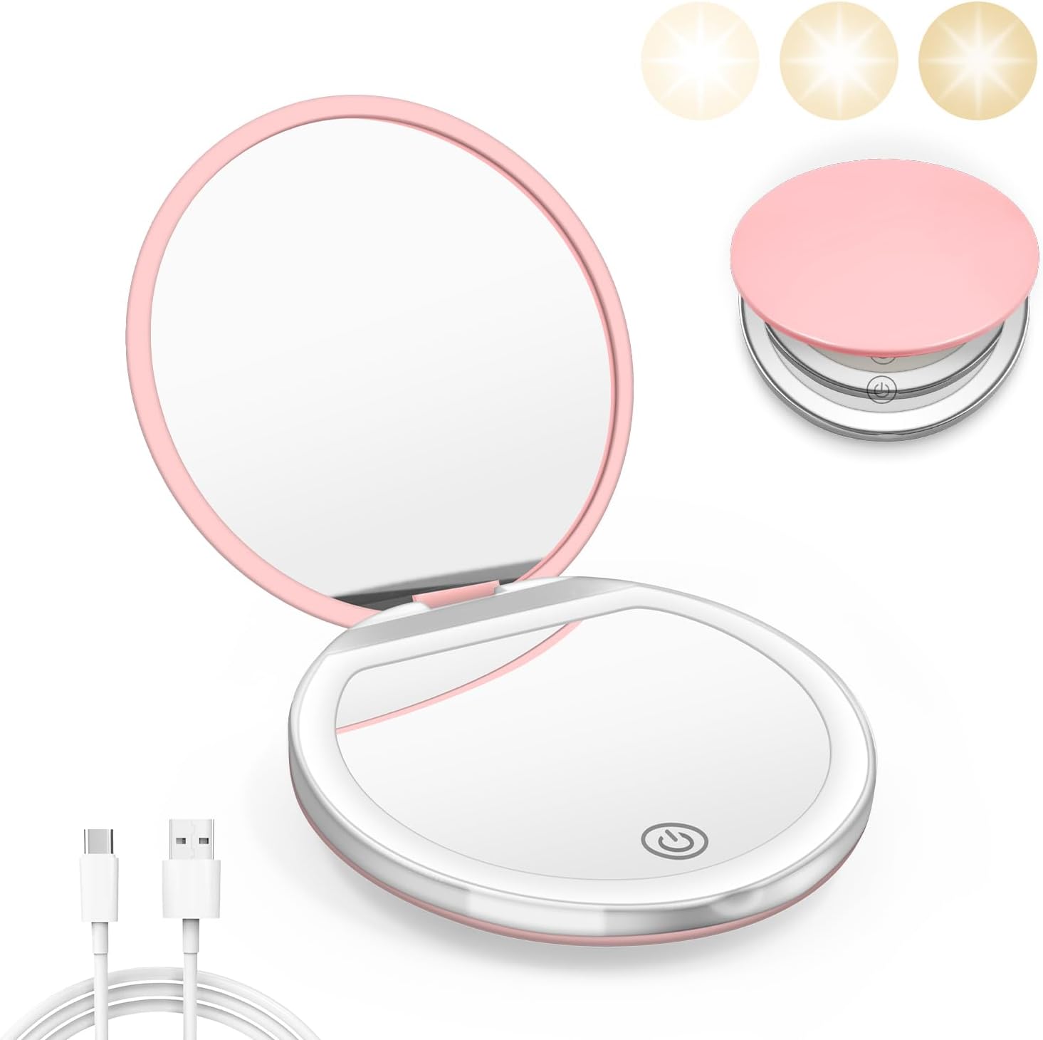 Compact Mirror with Light, 1X/3X Magnification LED Pocket Mirror with USB Data Cable, Pink Mini Mirror for Purse, Pocket,Travel and Gift