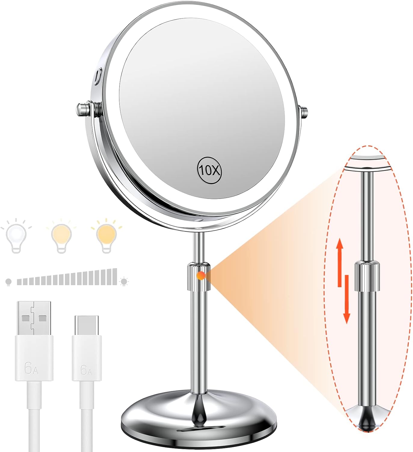 Benbilry Lighted Makeup Mirror with 10X Magnification & 3 Color Lights, Adjustable Brightness & Height, 7 Inch 360 Swivel Rechargeable LED Vanity Mirror, for Women Girls (Silver)