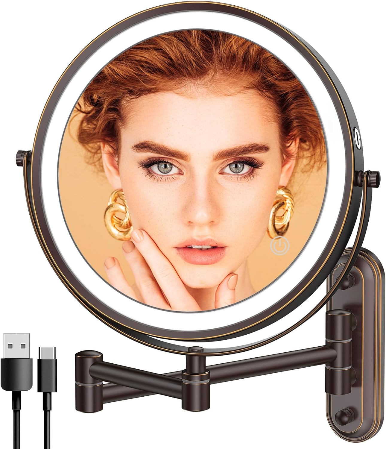 Rechargeable Lighted Wall Mounted Makeup Mirror with 3 Color Lights,Dimmable Touch Screen,8 Inch LED Double Sided 1X/10X Magnifying 360Flexible 13 Inch Retractable