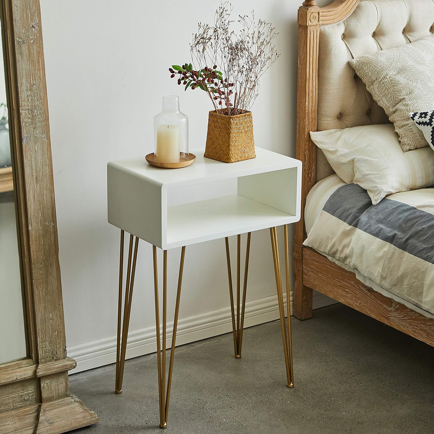 Modern Contemporary Tall Nightstand, Extreme Minimalism End Table Open Shelf Style Bedside Table on Metal Hairpin Legs (White&Gold)