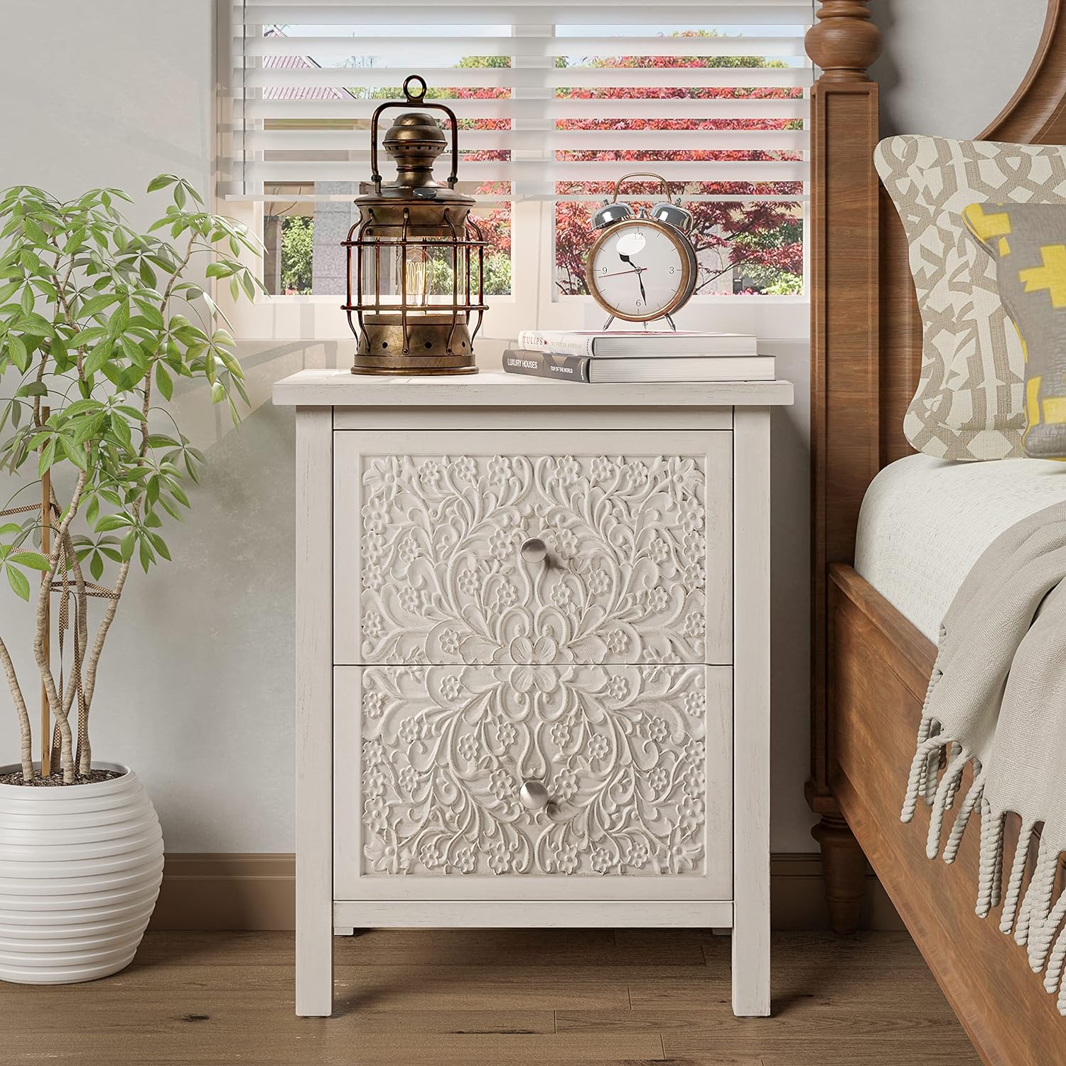 Farmhouse Fully-Assembled Nightstand with 2-Drawer, Flower Motif End Table for Small Spaces, French Country, Modern, Distressed Finish, White-Washed