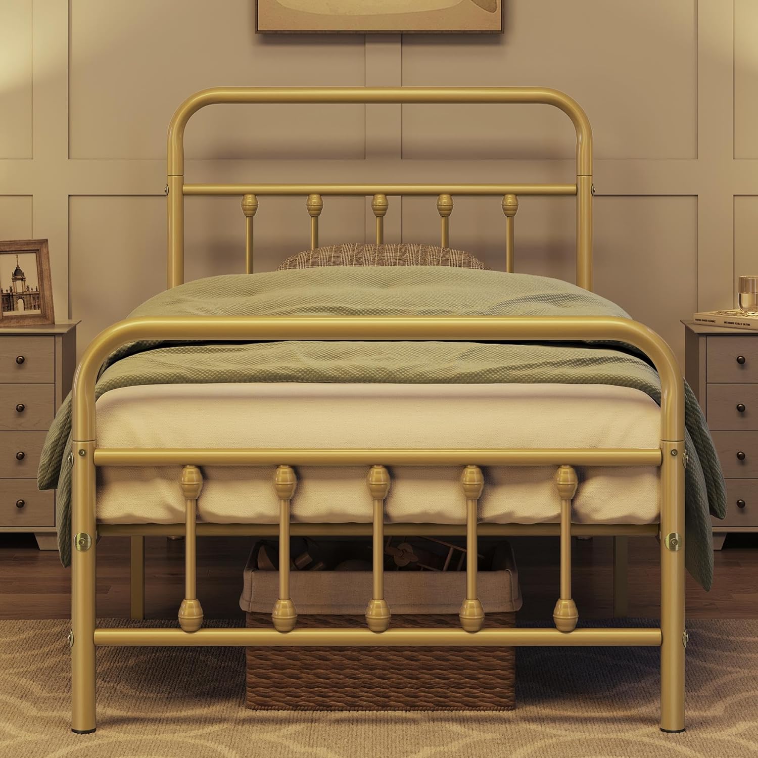 Topeakmart Twin Size Victorian Style Metal Bed Frame with Headboard/Mattress Foundation/No Box Spring Needed/Under Bed Storage/Strong Slat Support Antique Gold