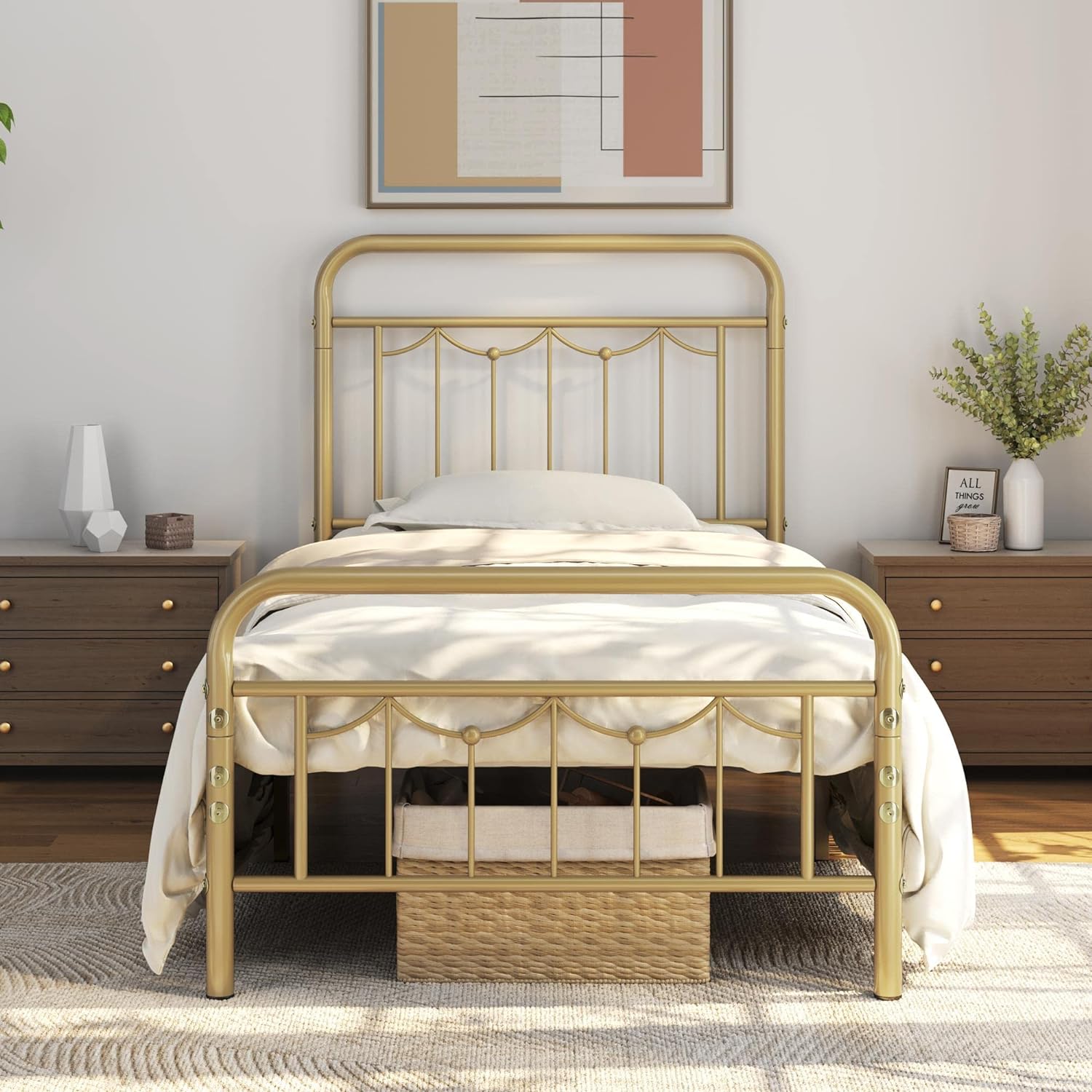 Yaheetech Twin Size Metal Bed Frame with Vintage Headboard and Footboard, Farmhouse Platform Bed, Heavy Duty Steel Slat Support, Ample Under-Bed Storage, No Box Spring Needed, Antique Gold