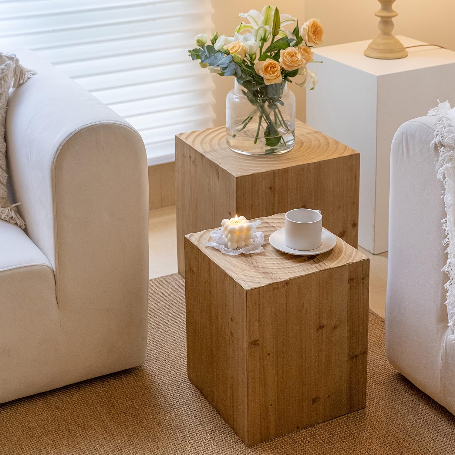 Tree Stump End Table Set of 2, Multiple Styling Layout with Wood Tree Ring Pattern, Natural Wood Color