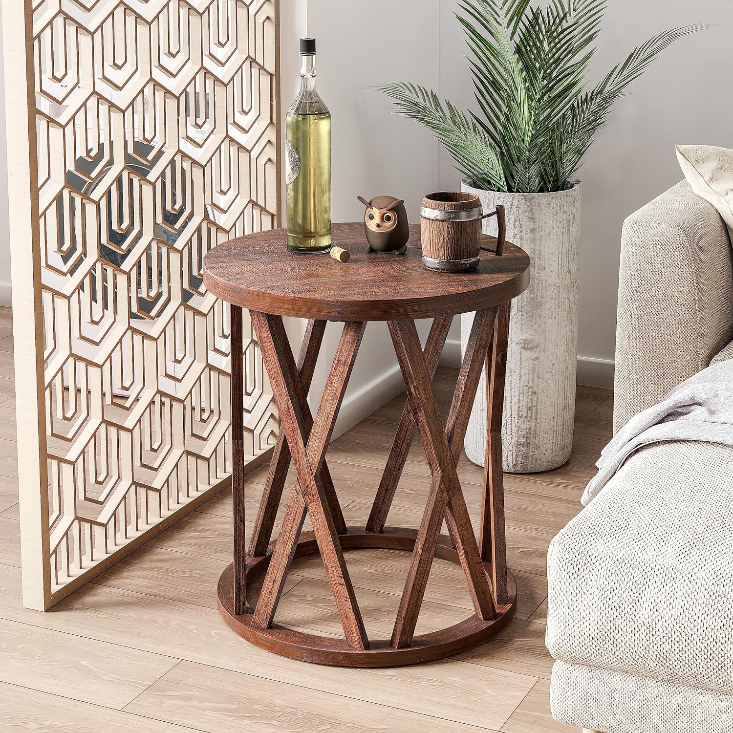 Farmhouse End Table, Rustic Round Side Table with X-Motifs Legs, Wood Textured Top, for Boho, French Country Decor, Brown