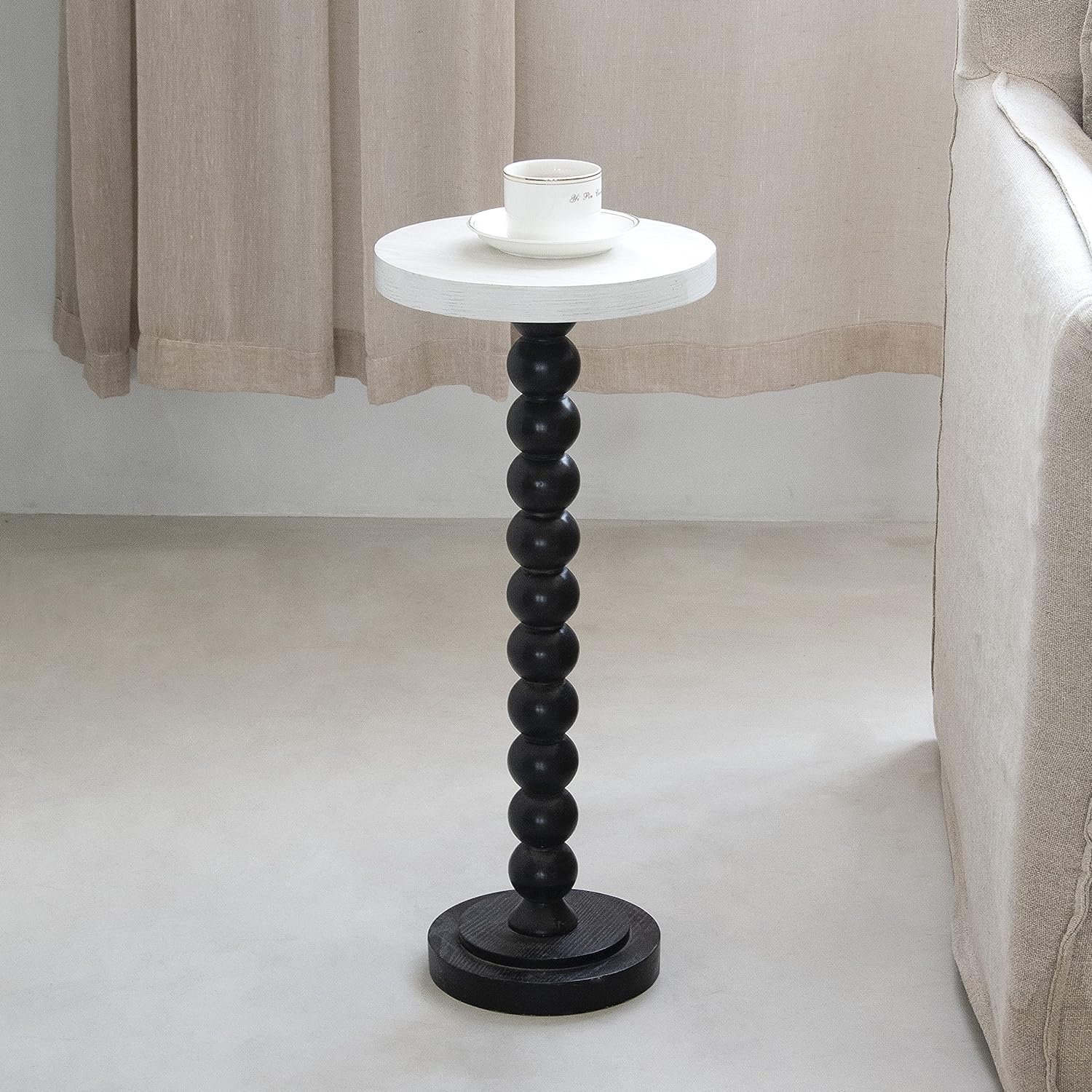 Pedestal Small End Table, Contemporary Side Table with Black Base and White Top