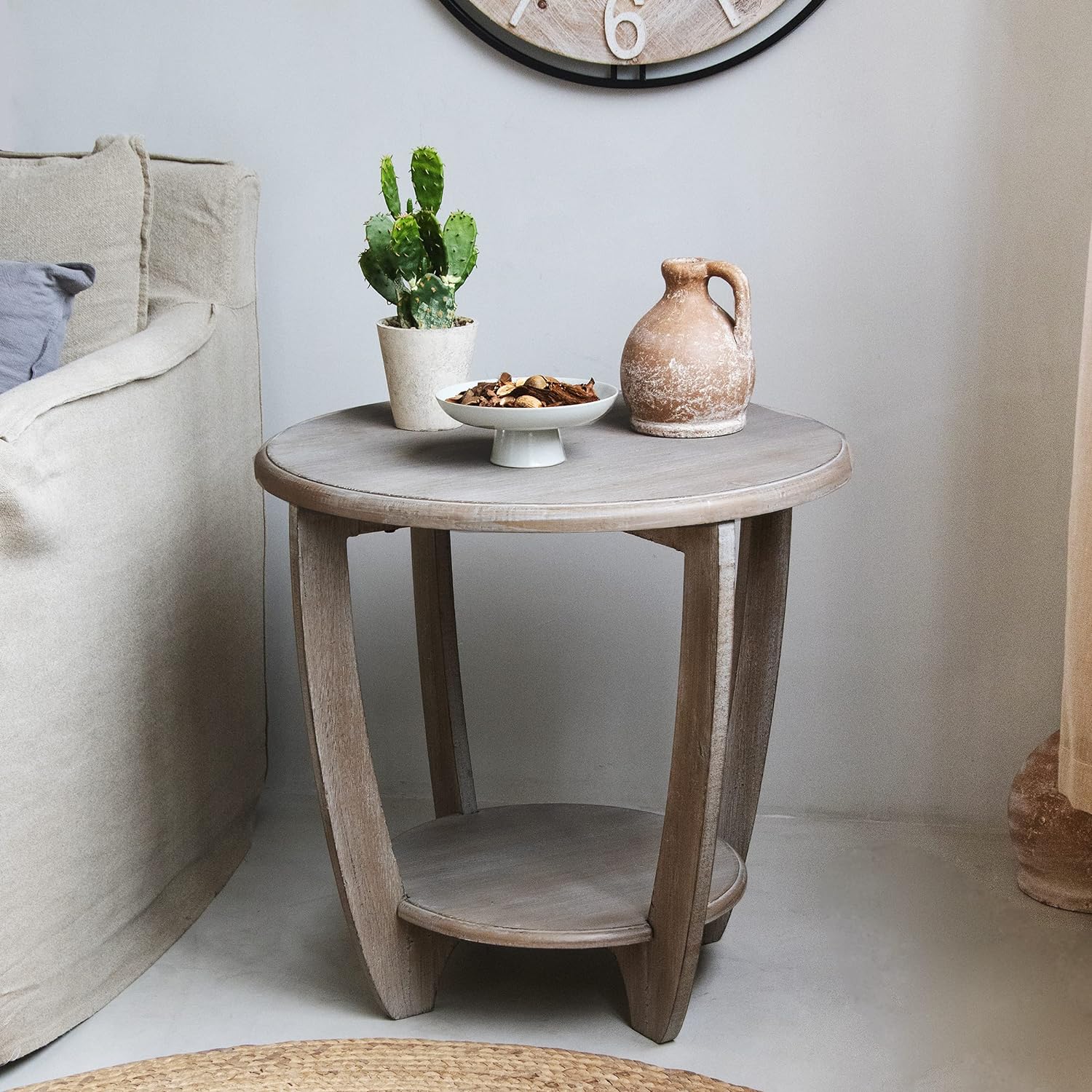 Rustic Farmhouse end Table with Storage Shelf, French Country Accent Side Table for Family, Dinning or Living Room, Small Spaces, Modern, Round, Vintage Grey Finish.