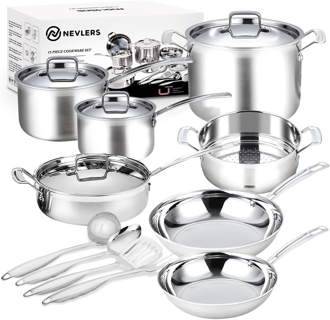 Nevlers 15 Pcs Stainless Steel Pots and Pans Set |Tri-Ply Stainless Steel Cooking Set & Aluminum Core |Premium Stainless Steel Pan Set | Induction Cookware Set | Kitchen Cookware Sets & Utensils