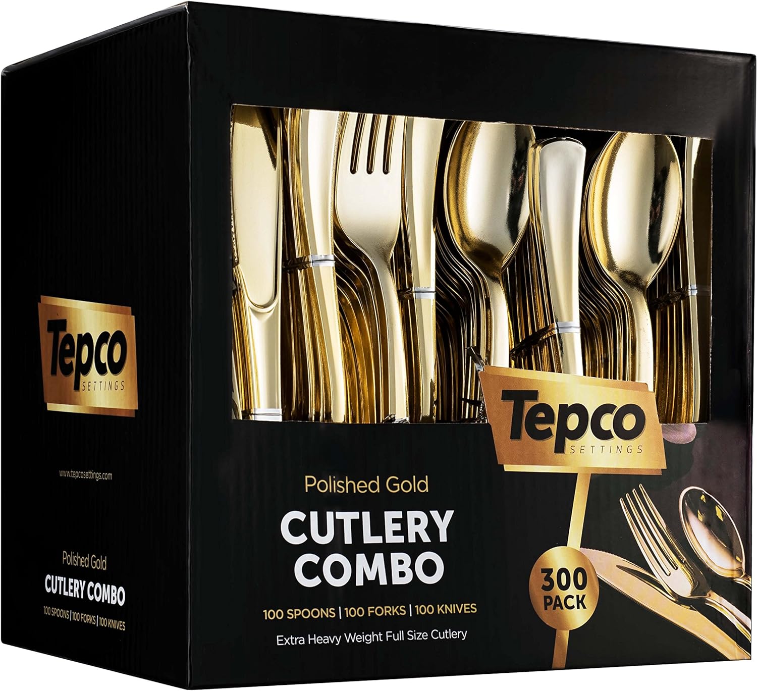 300 Gold Disposable Plastic Flatware Set - 100 Forks, 100 Spoons, 100 Knives - Heavy Duty Silverware for Party Bulk