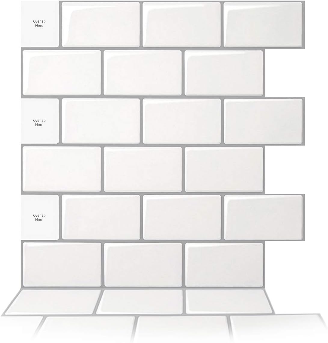 Art3d 10-Sheet Peel and Stick Backsplash, 12 in. x 12 in. Subway 3D Wall Panels, Mono White with Gray Grout