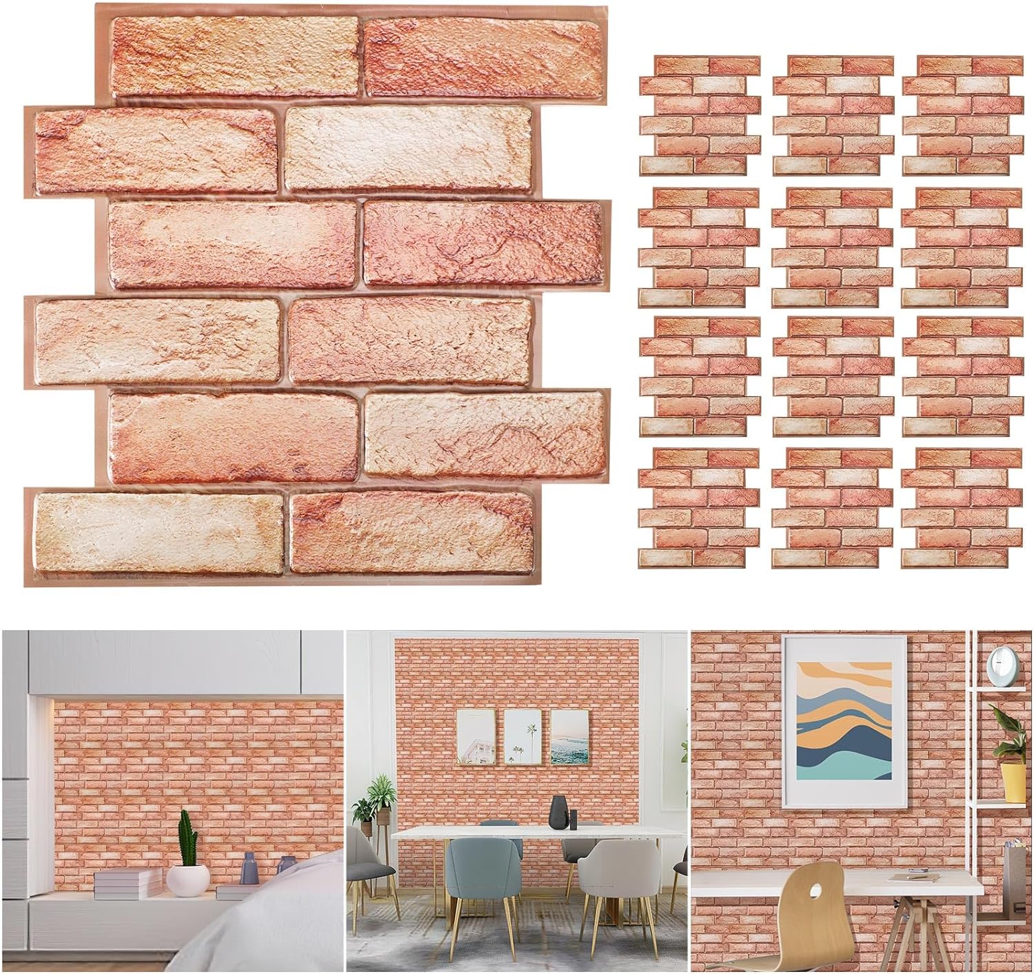 AUGSUN 12Pcs 3D Faux Brick Wall Panels Peel and Stick Foam Brick Wallpaper Decorative Wall Panel 11.8X11.8 Self Adhesive Wall Tiles Wall Covering Panels for Interior Wall Decoration (Red Brick)