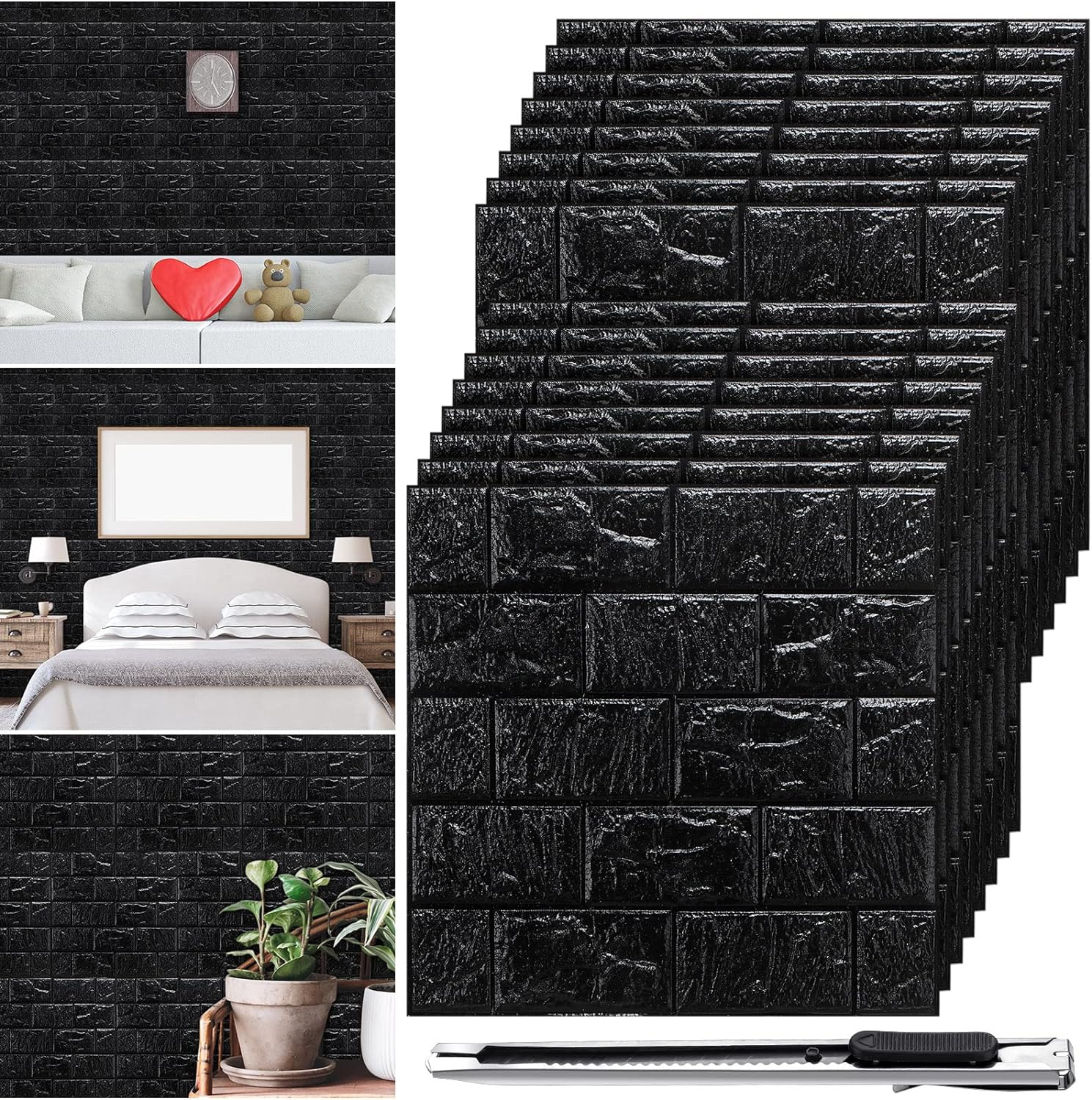 60 Pcs 3D Wall Panels Peel and Stick Faux Foam 3D Brick Wallpaper Peel and Stick Faux Brick Paneling Self Adhesive Wall Covering Panels for Bedroom, 28.8 Sq ft Coverage (Black)