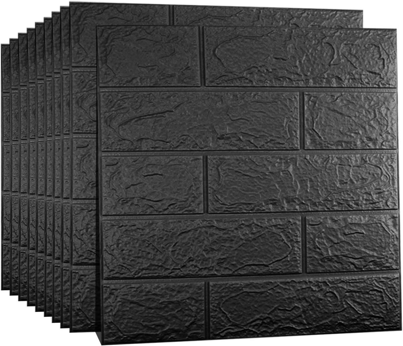 10 PCS Black 3D Wall Panels, 14.5 sq.feet Coverage Printable Wallpaper Sticker with Self-Adhesive Waterproof Brick PE Foam Wall Panels Peel and Stick for Interior Wall Decor, Home Decoration