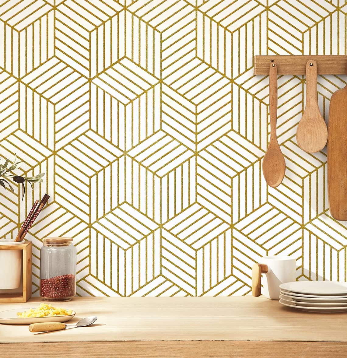 Geometric Wallpaper Peel and Stick Wallpaper Removable Self Adhesive Wall paper White/Gold Striped Hexagon Contact Paper for Cabinets Shelf Drawer Liner Renter Friendly Vinyl Roll 17.7x118.1 Upgrade