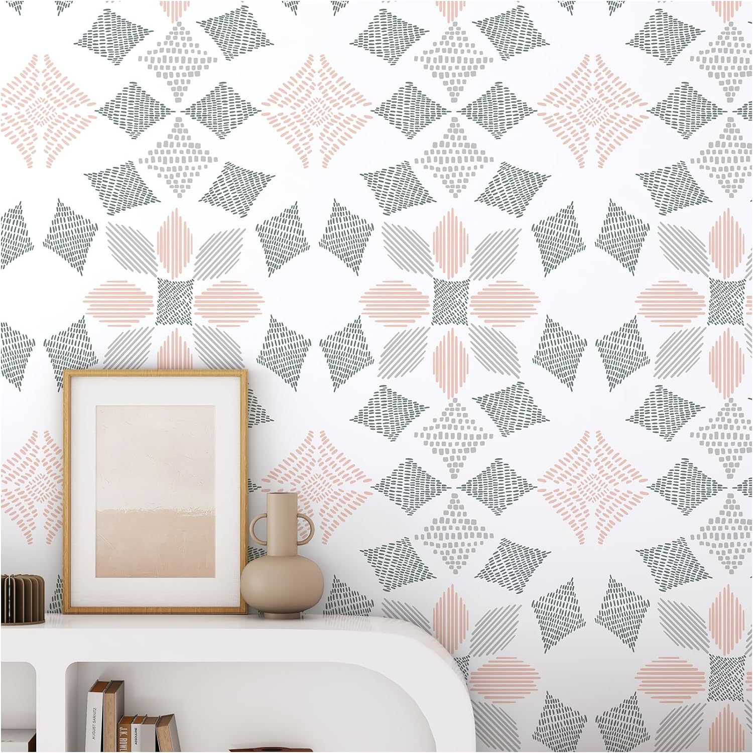 Geometric Diamond 17.3  197 Gray Pink Modern Removable Wallpaper Peel and Stick Wallpaper Contact Paper for Desk Self Adhesive Wallpaper for Bathroom Renter Friendly Wallpaper for Bedroom