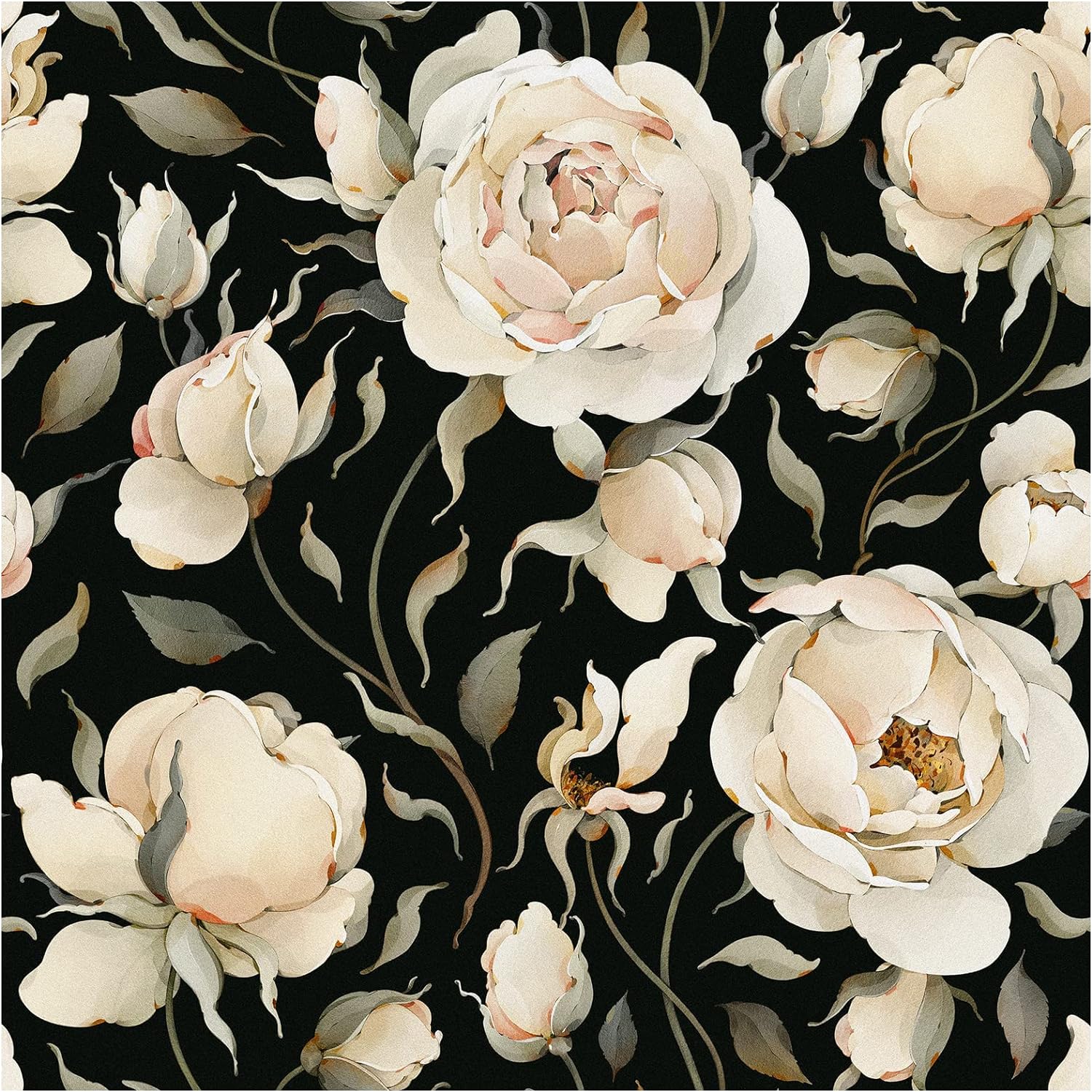 HAOKHOME 93242-1 Peel and Stick Wallpaper Floral Vintage Roses Peonies Contact Paper Removable Black/Beige/Olive Self Adhesive Mural 17.7in x 9.8ft