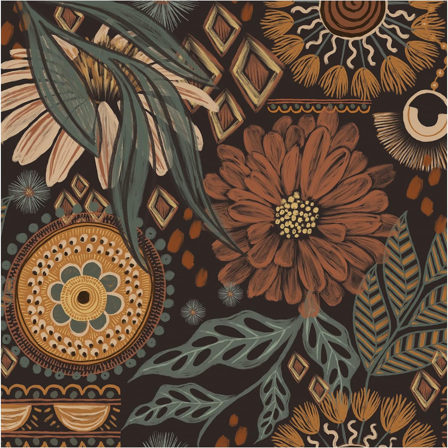 HAOKHOME 93291 Wallpaper Peel and Stick Floral Boho Brown/PeachPuff/Green Retro Wall Decor Bathroom Removable Mural 17.7in x 9.8ft