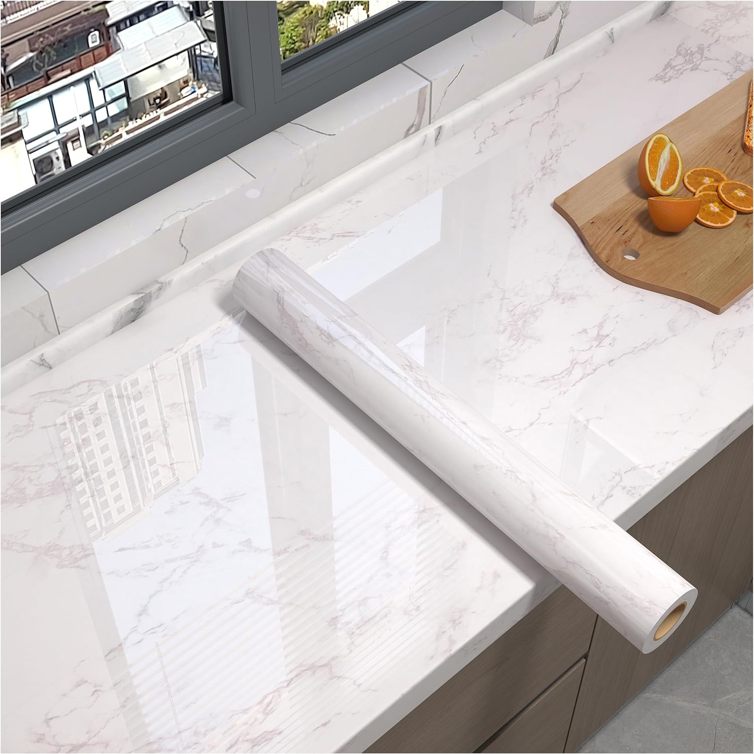 White/Gray Glossy Marble Contact Paper Wallpaper 15.8x78.7 Peel and Stick Wallpaper Self Adhesive Thick Removable Waterproof DIY Vinyl Film for Kitchen Countertops Cabinet Furniture Refurbishment