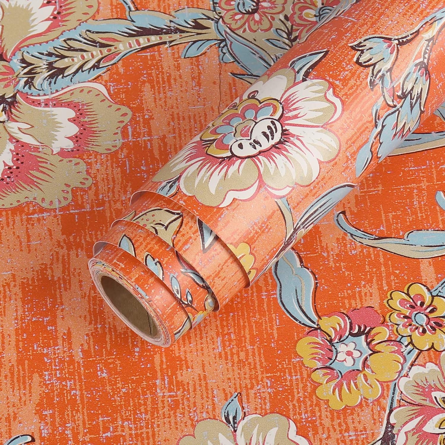 LACHEERY 21x160 Prepasted Orange Peel and Stick Wallpaper for Bedroom Vintage Floral Wallpaper Stick and Peel for Girls Room Self Adhesive Wall Paper Roll for Living Room Non-Woven Fabric Thick