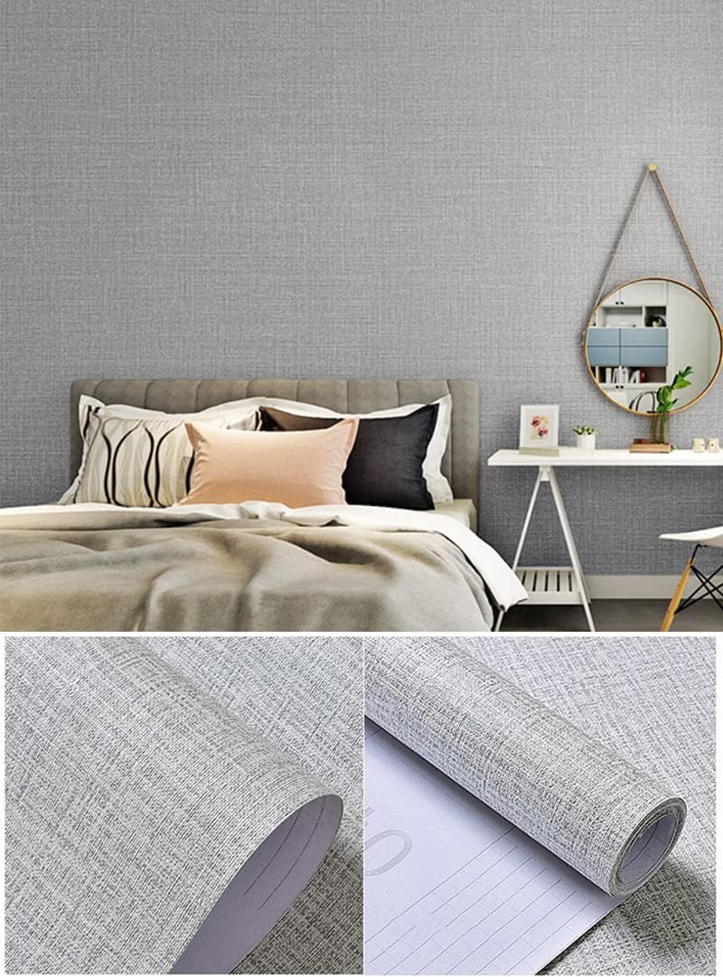 Fabric Peel and Stick Wallpaper Gray Faux Grasscloth Wallpaper Self-Adhesive Linen Wallpaper 17.8 x 393 Removable Wallpaper Embossed Textured Contact Paper Decoration Backsplash Countertop Liners