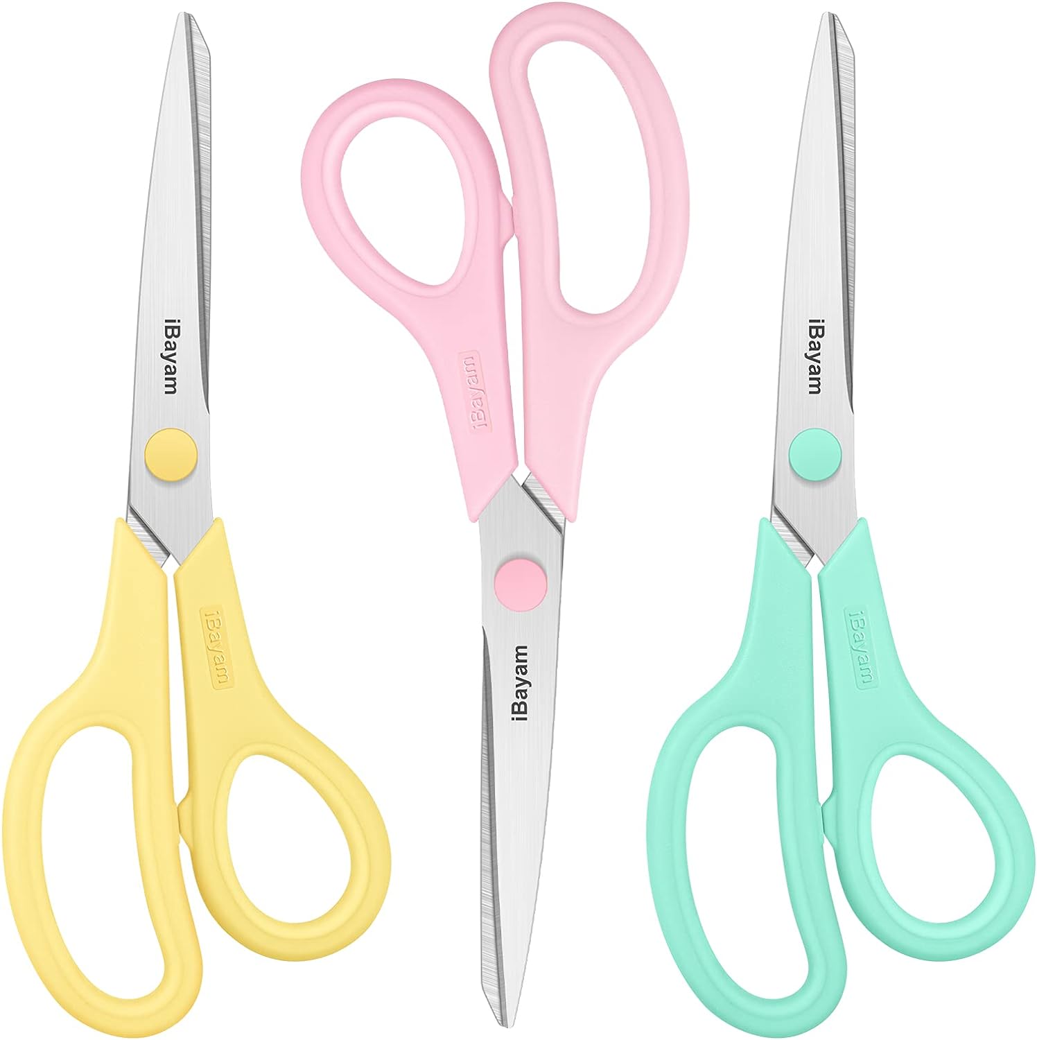 Scissors, iBayam 8 All Purpose Scissors Bulk 3-Pack, Ultra Sharp 2.5mm Thick Blade Shears Comfort-Grip Scissors for Office Desk Accessories Sewing Fabric Home Craft School Supplies, Right/Left Handed