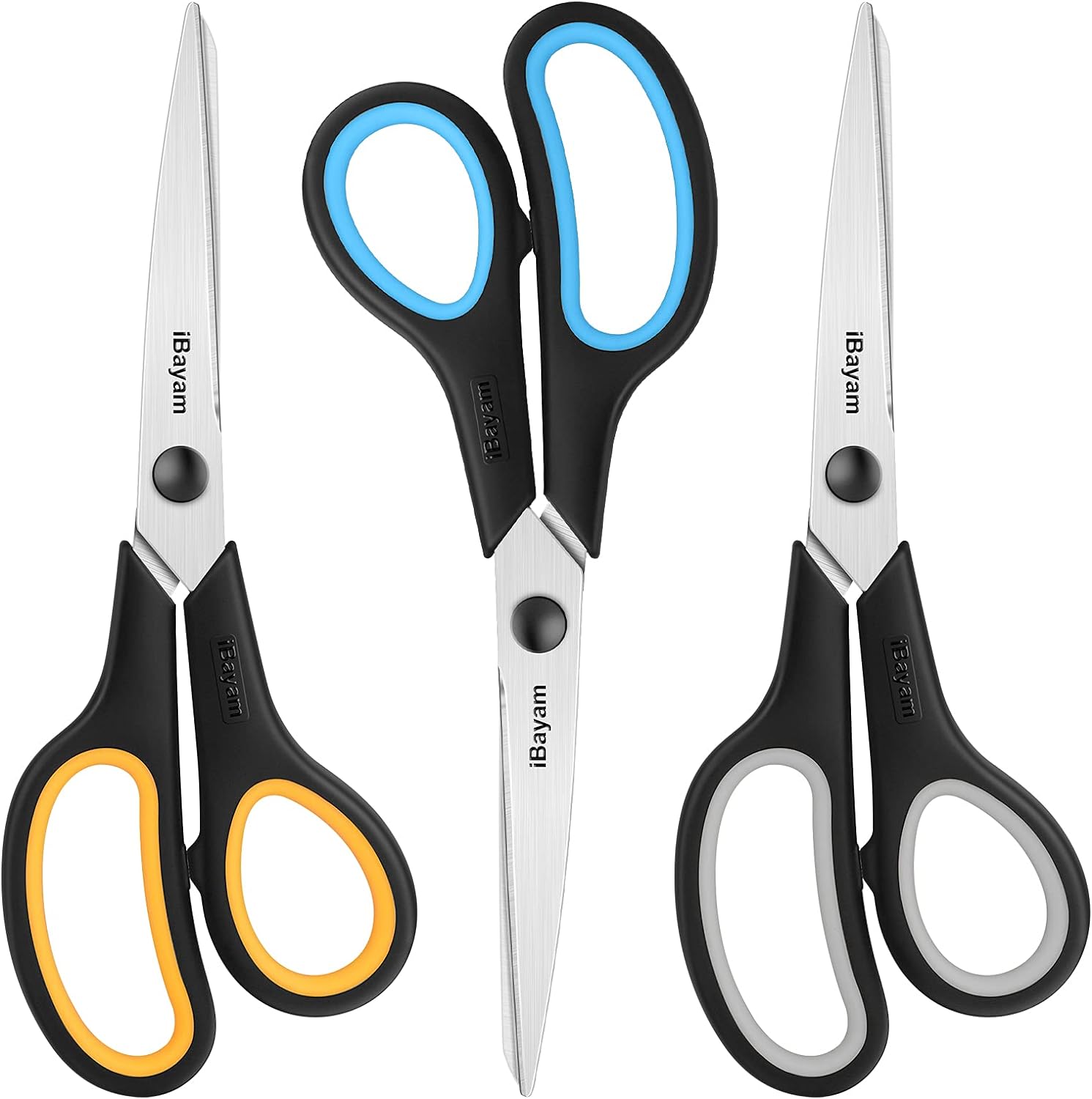 Scissors All Purpose, iBayam 8 Heavy Duty Scissors Bulk 3-Pack, 2.5mm Thickness Ultra Sharp Blade Shears with Comfort-Grip Handles for Office Home School Sewing Fabric Craft Supplies, Right/Left Hand