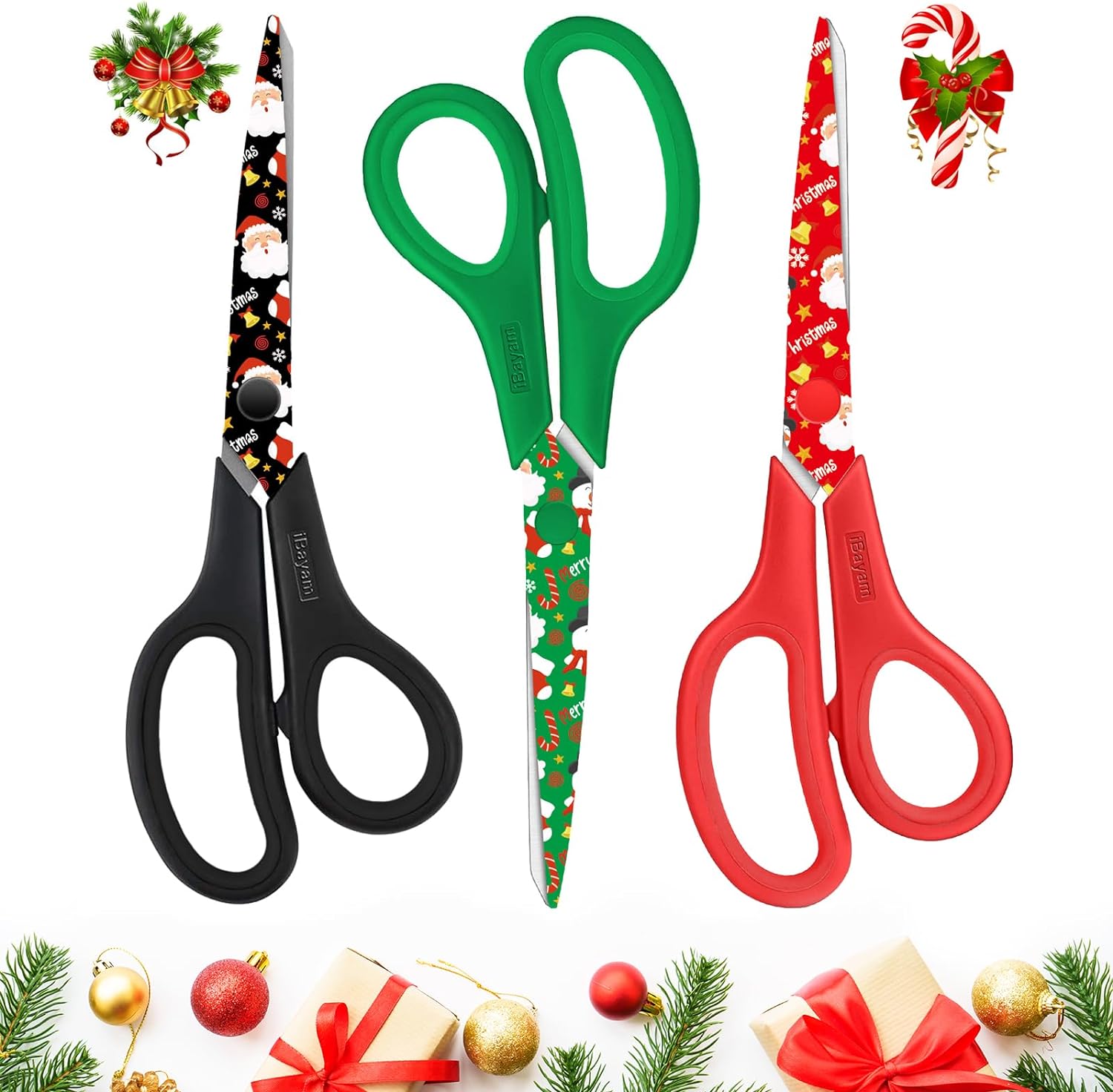 iBayam Scissors All Purpose Heavy Duty 3-Pack, Christmas Gifts Wrapping Paper Cutter Tool, Ultra Sharp 8 Thick Blade Comfort-Grip Scissors for Christmas Ornaments Decorations Home Crafts Supplies