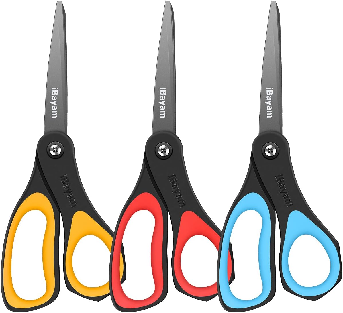 Scissors, iBayam 3 Pack 8 All Purpose Nonstick Scissors, 2.5MM Thickness Titanium Blades with Comfort Grip, Heavy Duty Scissors for Office School Home Classroom General Use Art and Craft DIY Supplies