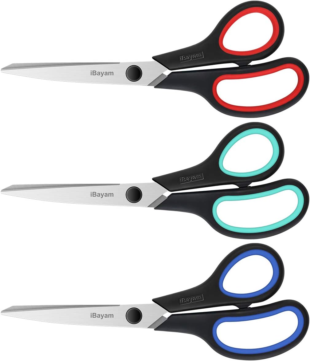 Scissors, iBayam 8 Multipurpose Scissors Bulk 3-Pack, Ultra Sharp Blade Shears, Comfort-Grip Handles, Sturdy Sharp Scissors for Office Home School Sewing Fabric Craft Supplies, Right/Left Hand