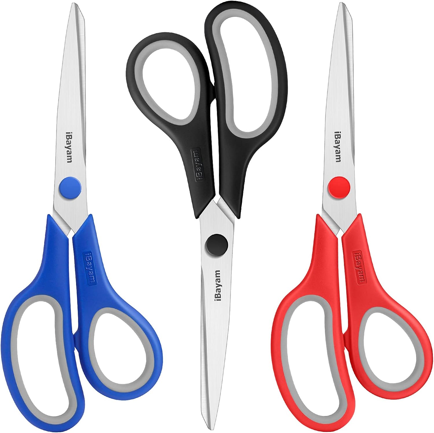 Scissors, iBayam 8 All Purpose Scissors Bulk 3-Pack, Ultra Sharp 2.5mm Thick Blade Shears Comfort-Grip Scissors for Office Desk Accessories Sewing Fabric Home Craft School Supplies, Right/Left Handed