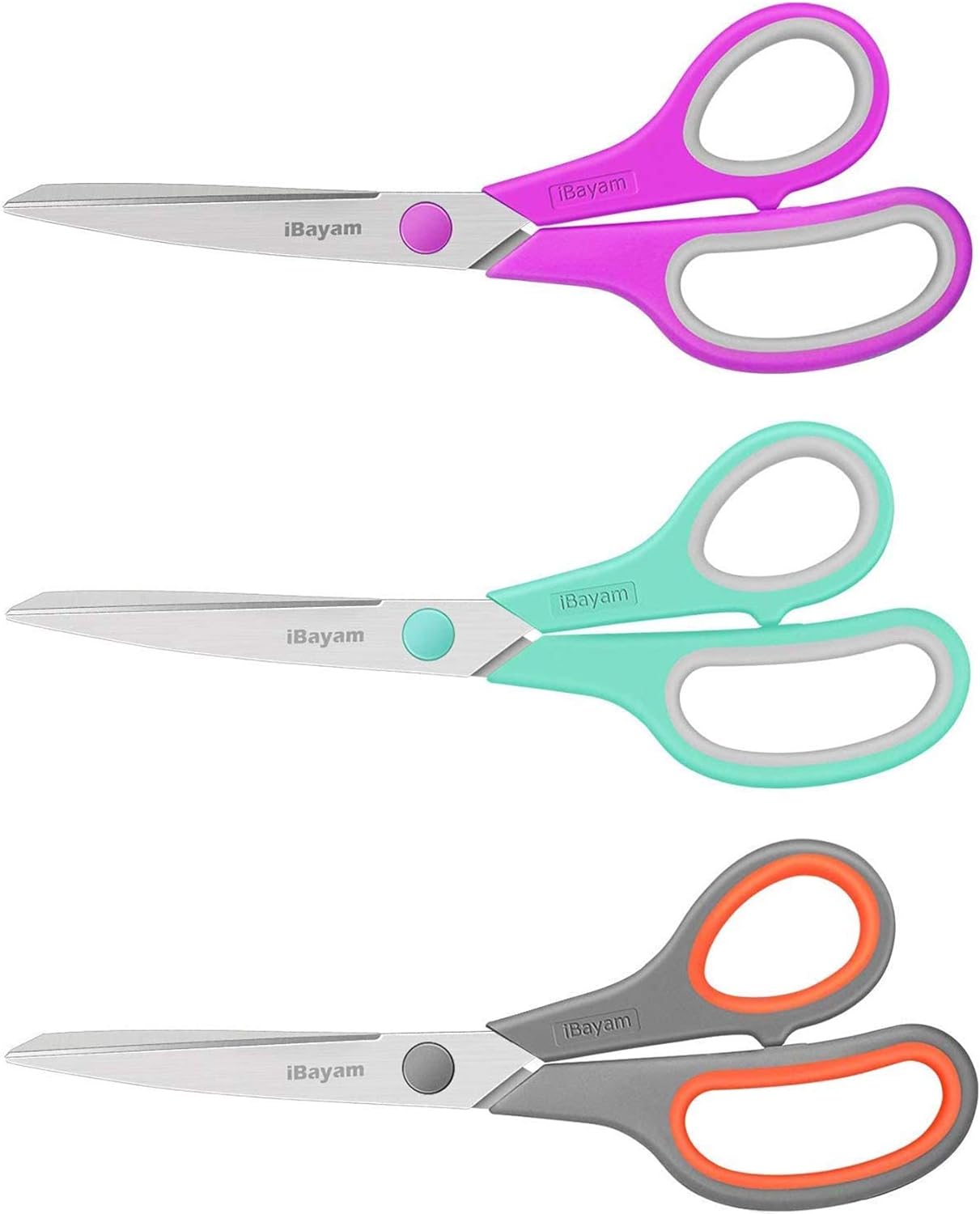 Scissors, iBayam 8 All Purpose Scissors Bulk 3-Pack, Ultra Sharp 2.5mm Thick Blade Shears Comfort-Grip Scissors for Office Desk Accessories Sewing Fabric Home Craft School Supplies, Right/Left Handed