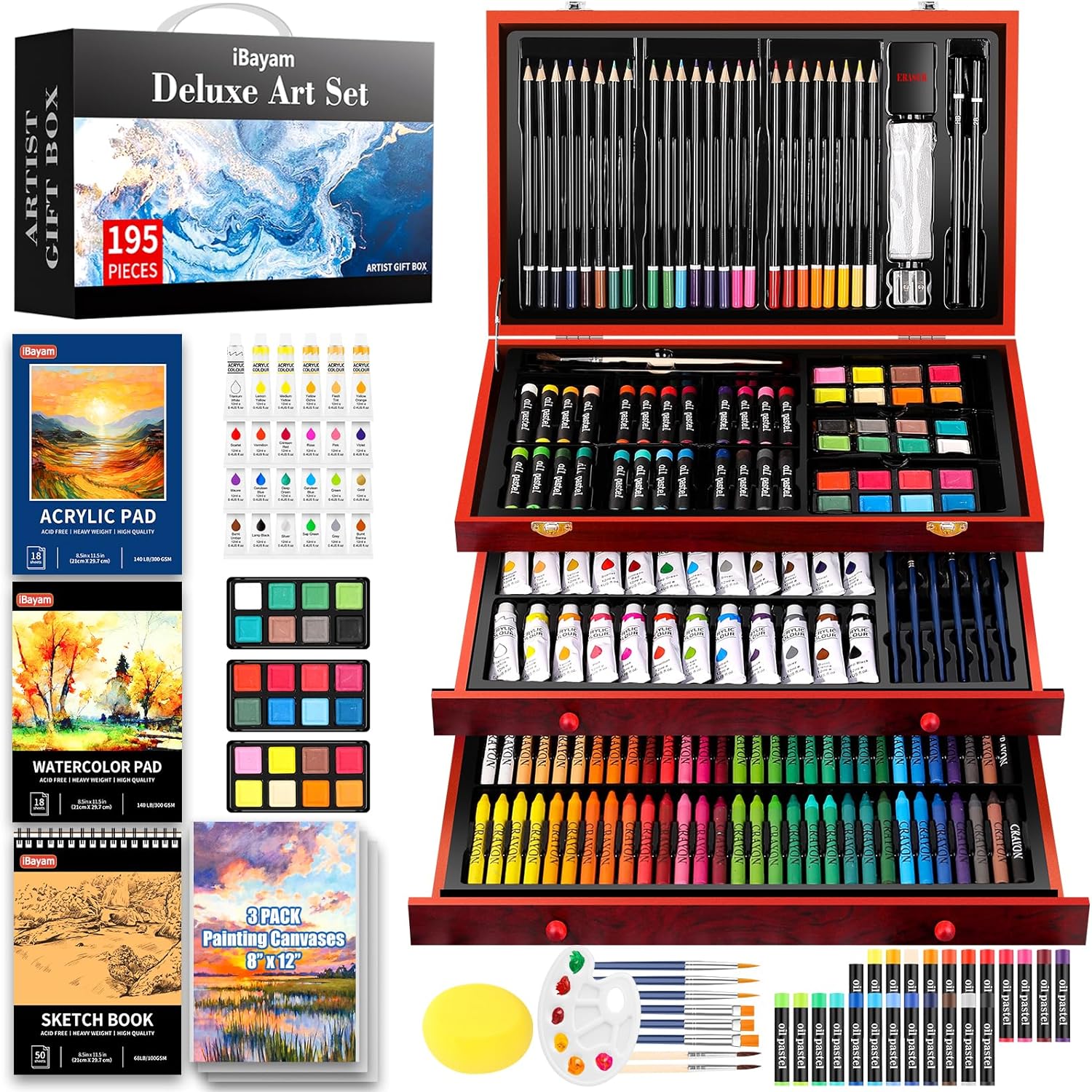 iBayam Deluxe Art Set, 195-Pack Artist Gift Box, Arts and Crafts Drawing Painting Kit Art Supplies for Adults Kids, Art Kits Paint Set with 24 Acrylic Paint, Sketchbook, Canvases, Crayons, Pencils