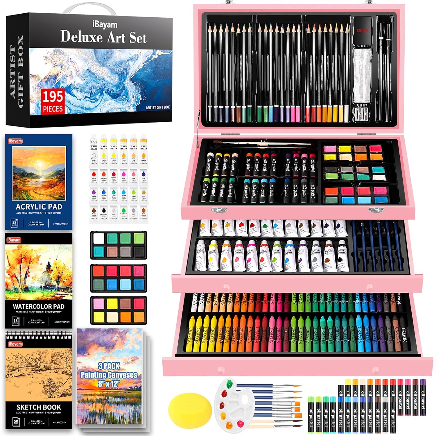 iBayam Deluxe Art Set, 195-Pack Artist Gift Box, Arts and Crafts Drawing Painting Kit Art Supplies for Adults Kids, Art Kits Paint Set with 24 Acrylic Paint, Sketchbook, Canvases, Crayons, Pencils