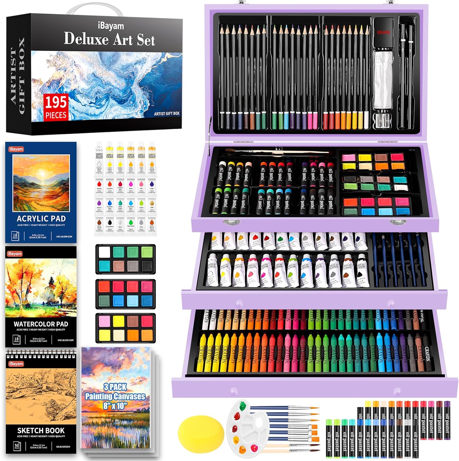 Art Supplies, Deluxe Art Set with 2 A4 Drawing Pads, 1 Coloring Book, 24 Acrylic Paints, Canvases, Crayons, Colored Pencils, Creative Gift Box for Adults Artist Beginners (Macaron Purple)