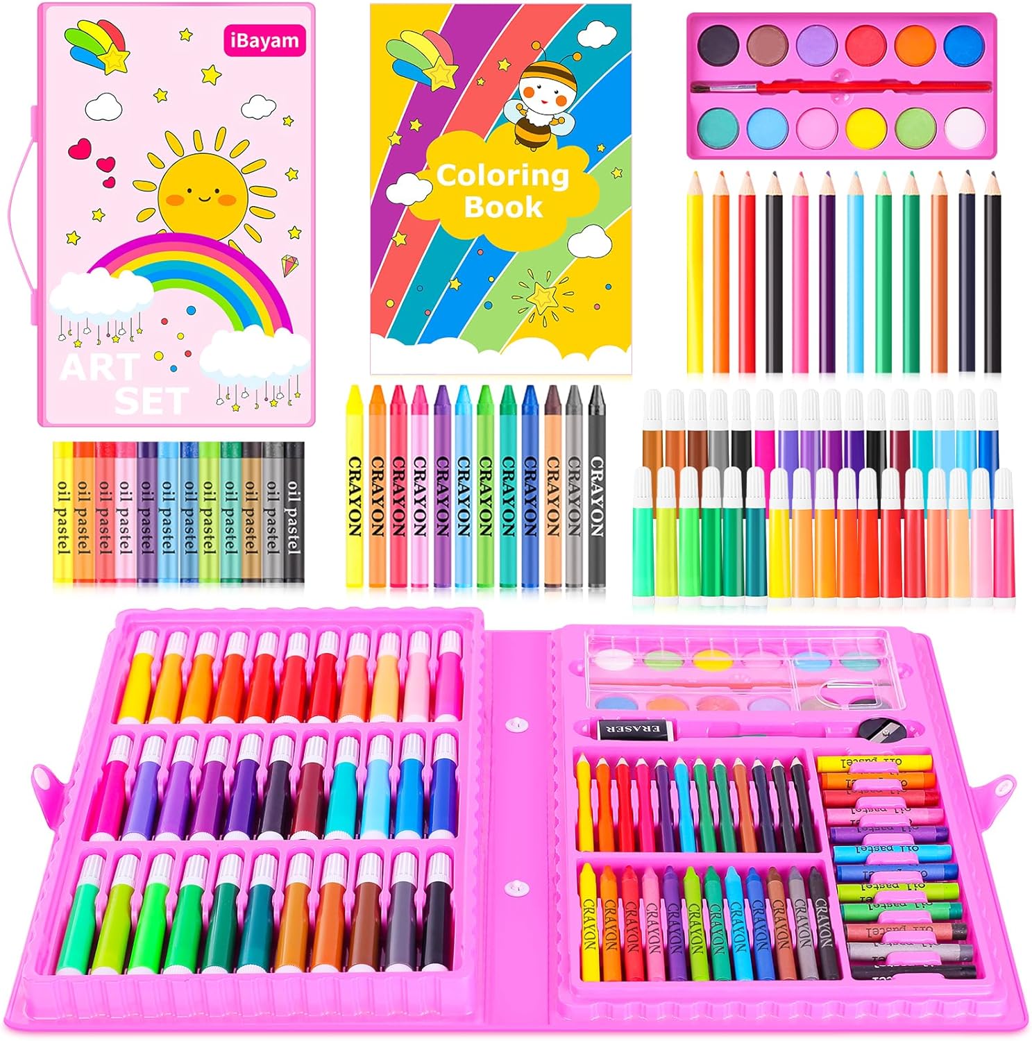 iBayam Art Supplies, 139-Pack Drawing Kit Painting Art Set Art Kits Gifts Box, Arts and Crafts for Kids Girls Boys, with Coloring Book, Crayons, Pastels, Pencils, Watercolor Pens (Pink)