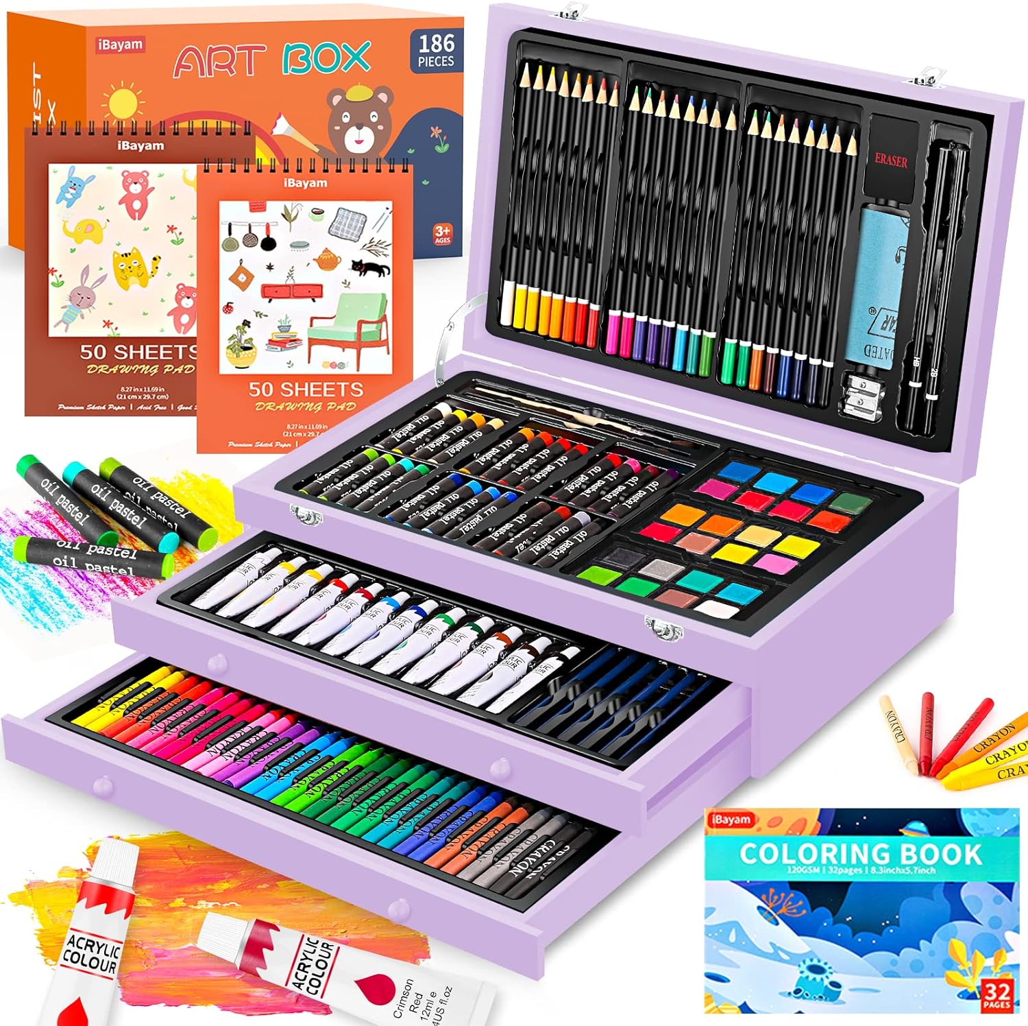 iBayam Art Supplies, 186-Pack Deluxe Art Set with 2 A4 Drawing Pads, 1 Coloring Book, 24 Acrylic Paints, Crayons, Colored Pencils, Creative Gift Box for Adults Artist Beginners