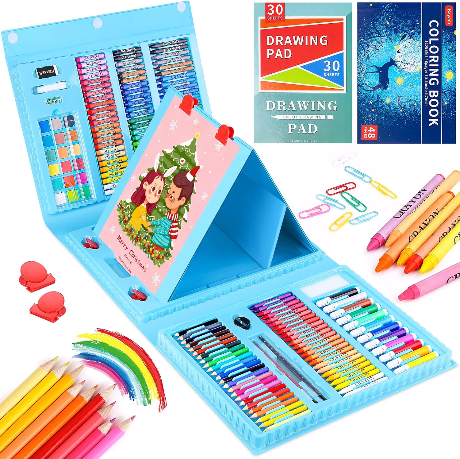 iBayam Art Kit, Art Supplies Drawing Kits, Arts and Crafts for Kids, Gifts for Teen Girls Boys, Art Set Case with Trifold Easel, Sketch Pad, Coloring Book, Pastels, Crayons, Pencils (Blue-222)