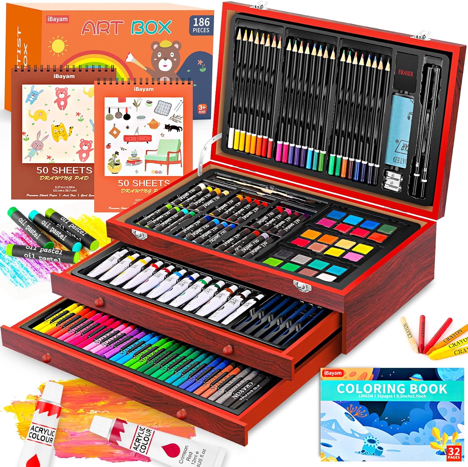 Art Supplies, 186-Pack Deluxe Art Set Box with 2 A4 Drawing Pads, 1 Coloring Book, Acrylic Paints, Crayons, Pencils, Oil Pastels, Arts and Crafts Painting Kits for Adults Artist Teens Kids Girls Boys