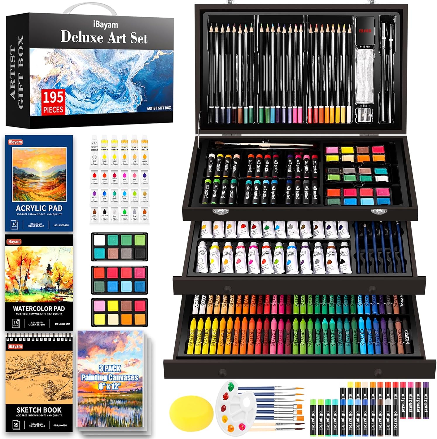 iBayam Deluxe Art Set, 195-Pack Artist Gift Box, Arts and Crafts Drawing Painting Kit Art Supplies for Adults Kids, Art Kits Paint Set with 24 Acrylic Paint, Sketchbook, Canvases, Crayons, Pencils